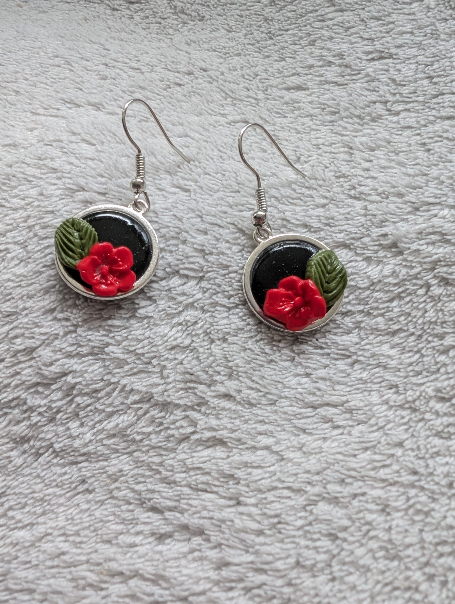 Handcrafted Round Polymer Clay Red Rose Floral Earrings