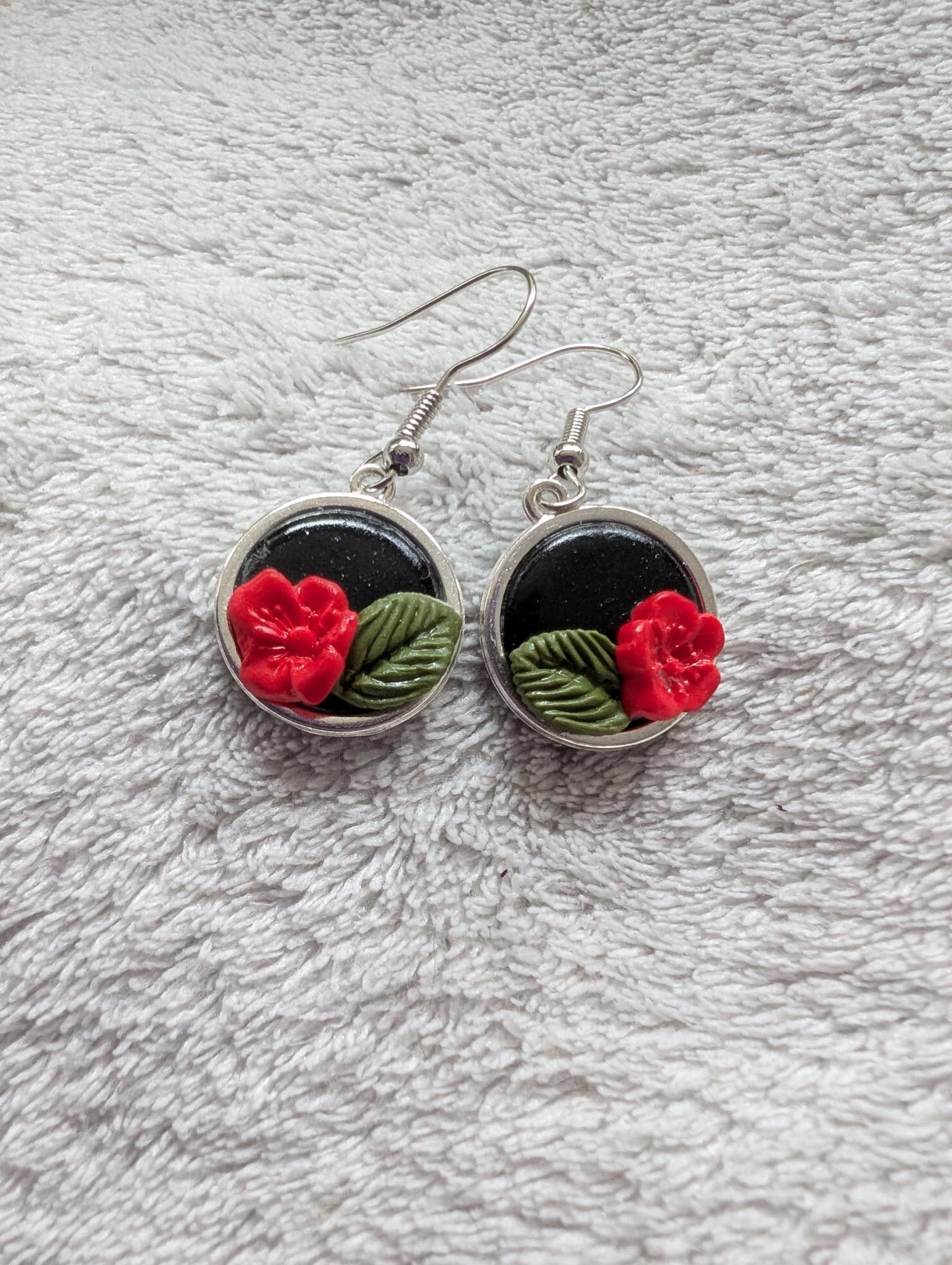 Handcrafted Round Polymer Clay Red Rose Floral Earrings