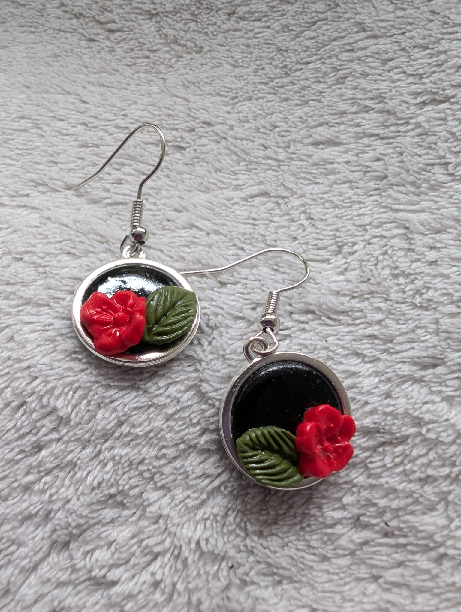Handcrafted Round Polymer Clay Red Rose Floral Earrings