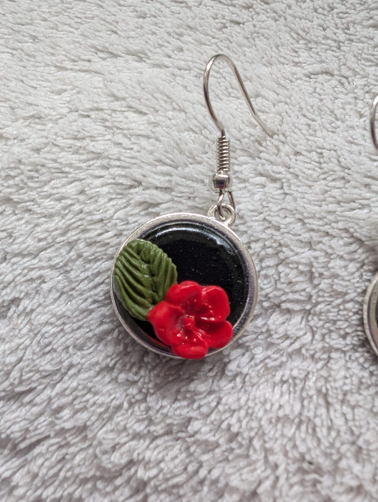 Handcrafted Round Polymer Clay Red Rose Floral Earrings