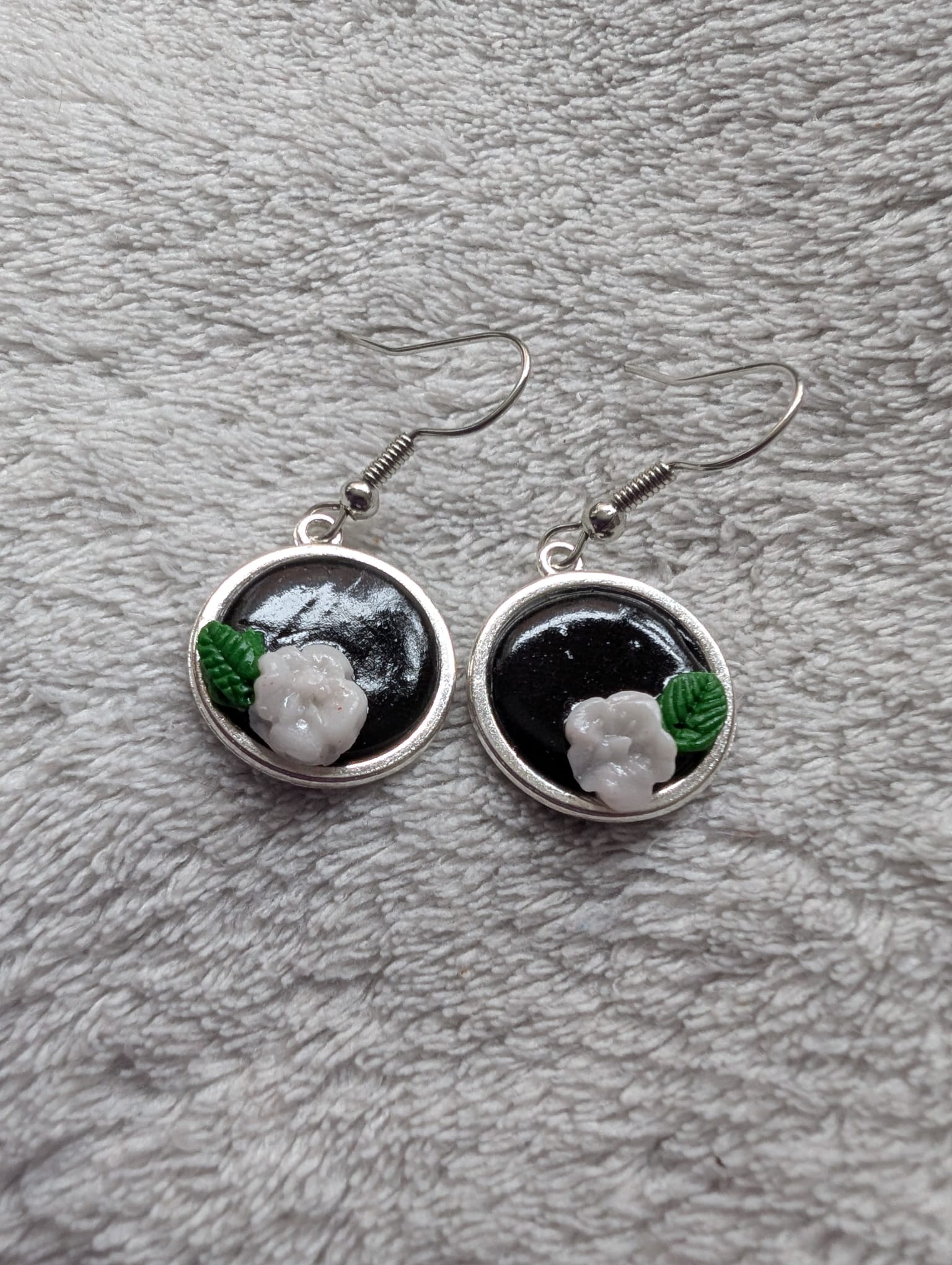 Handcrafted Round Polymer Clay White Floral Earrings