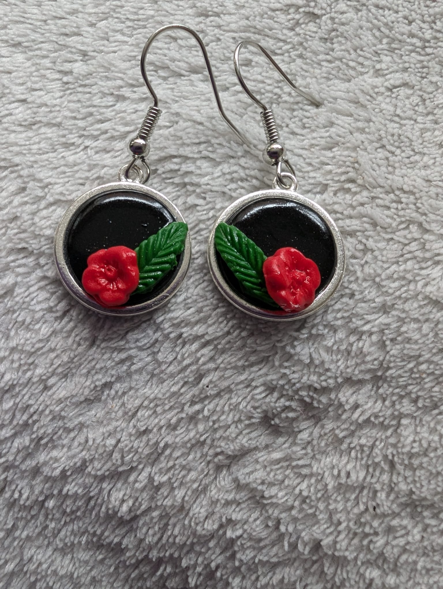 Handcrafted Round Polymer Clay Red Rose Floral Earrings