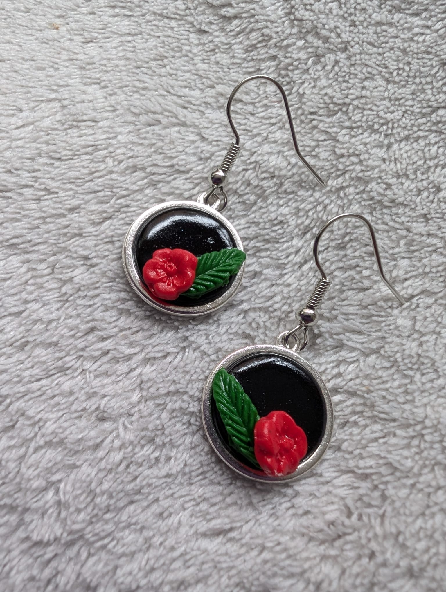 Handcrafted Round Polymer Clay Red Rose Floral Earrings