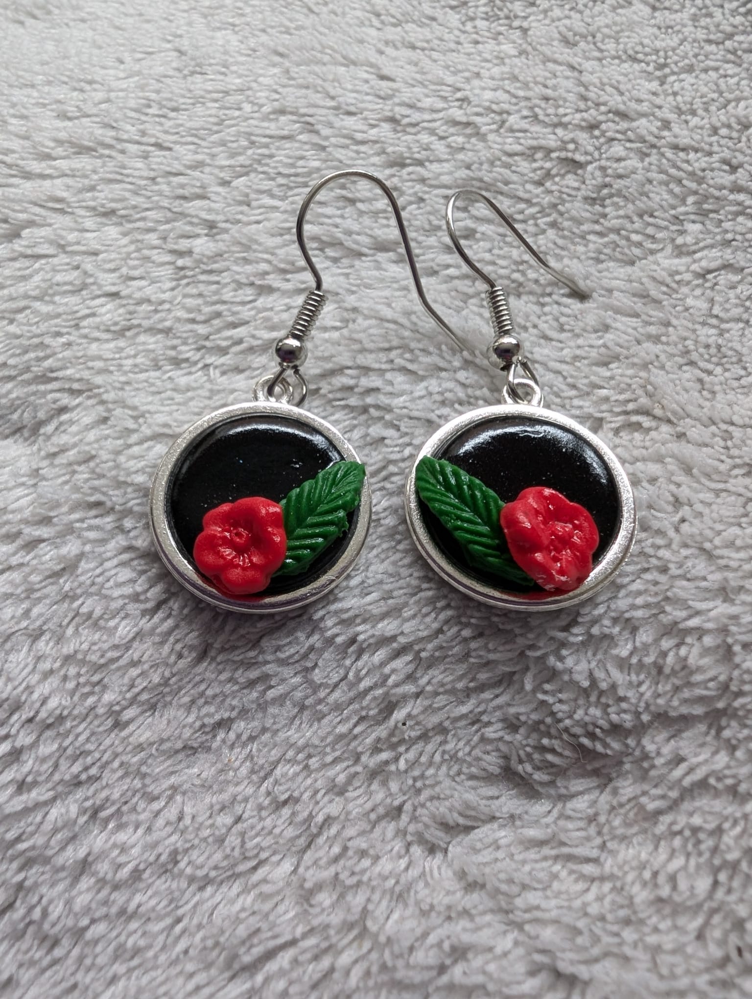 Handcrafted Round Polymer Clay Red Rose Floral Earrings