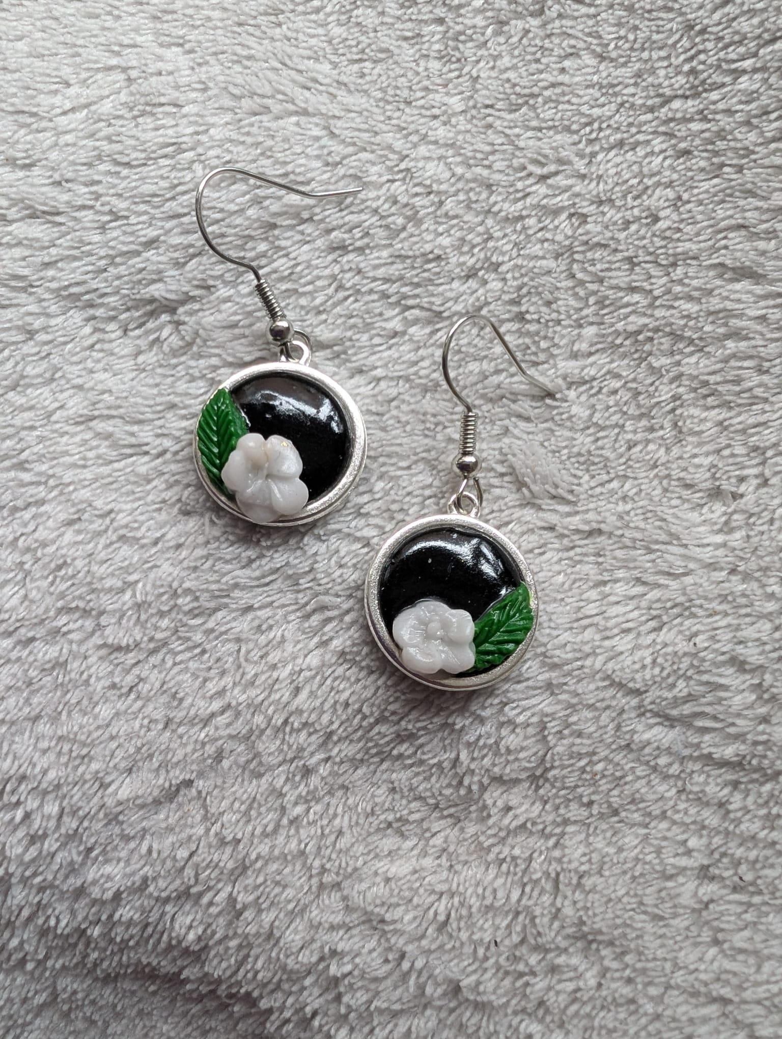 Handcrafted Round Polymer Clay White Floral Earrings