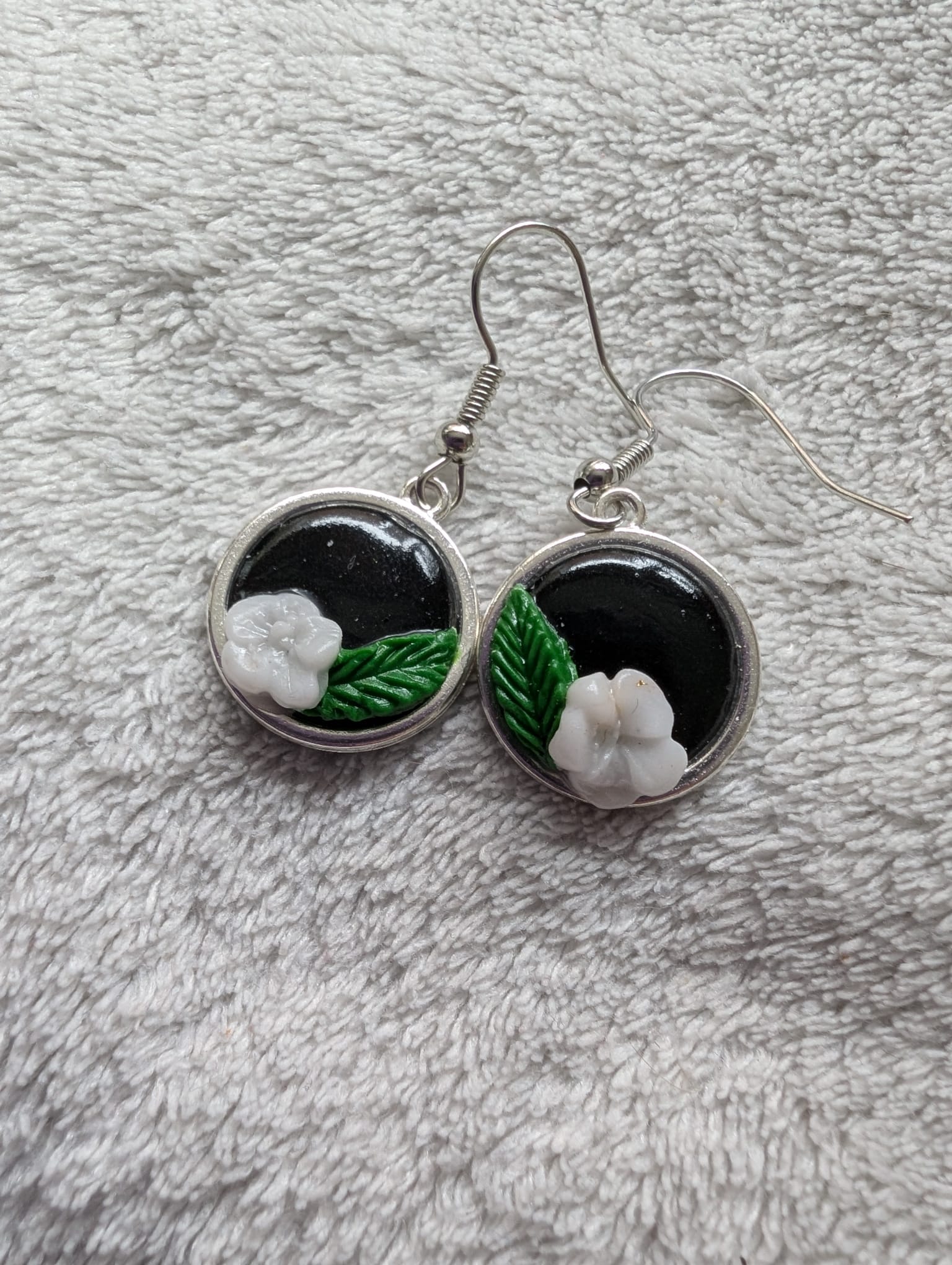 Handcrafted Round Polymer Clay White Floral Earrings