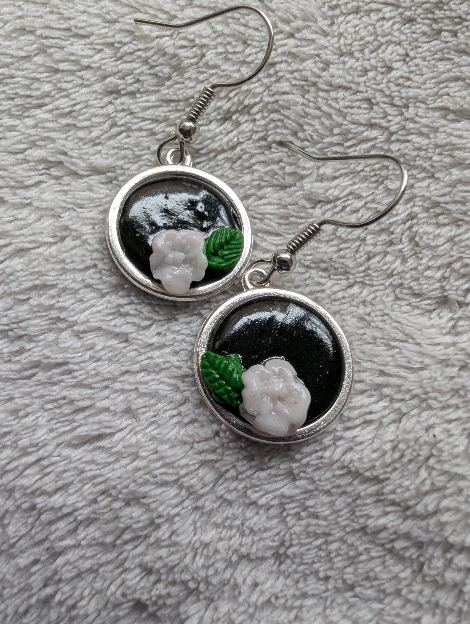 Handcrafted Round Polymer Clay White Floral Earrings