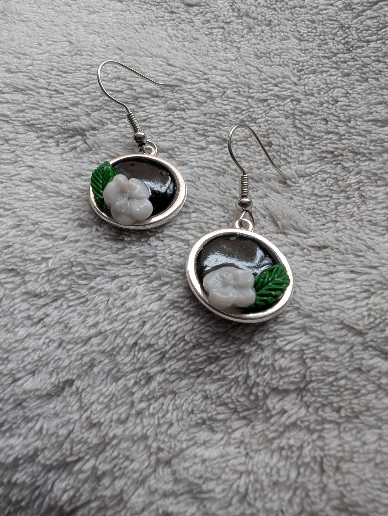 Handcrafted Round Polymer Clay White Floral Earrings