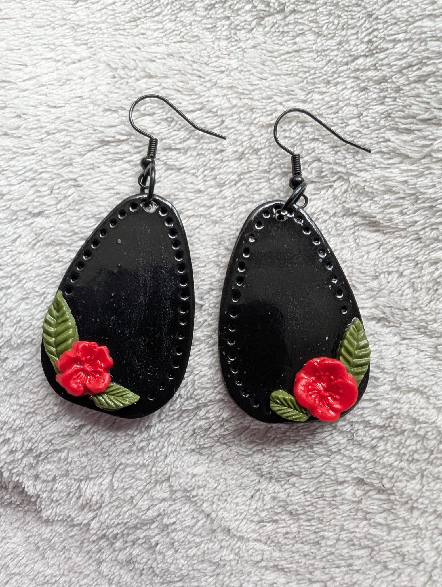 Handcrafted Red Rose Black Earrings French Hook