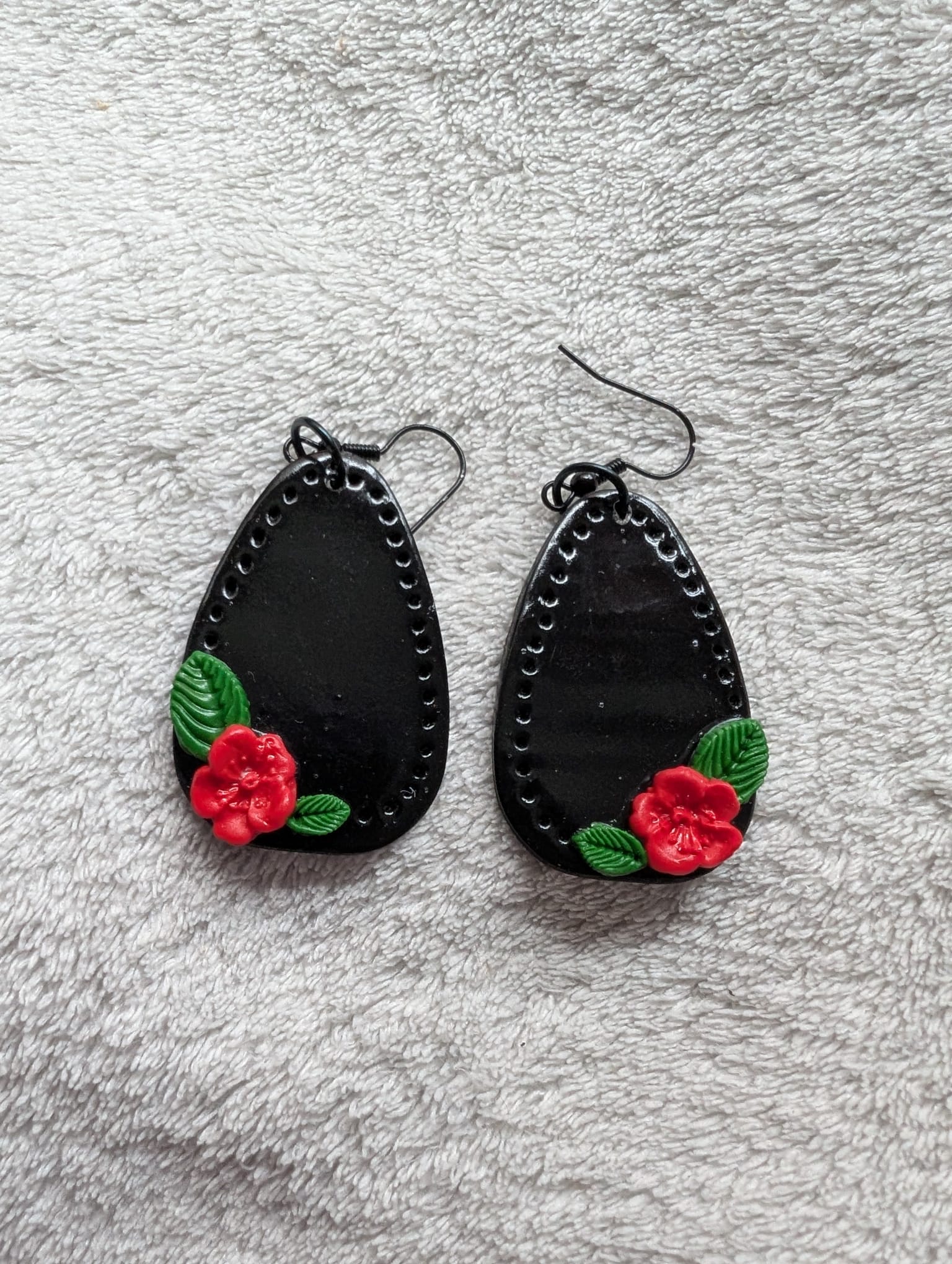 Handcrafted Red Rose Black Earrings French Hook