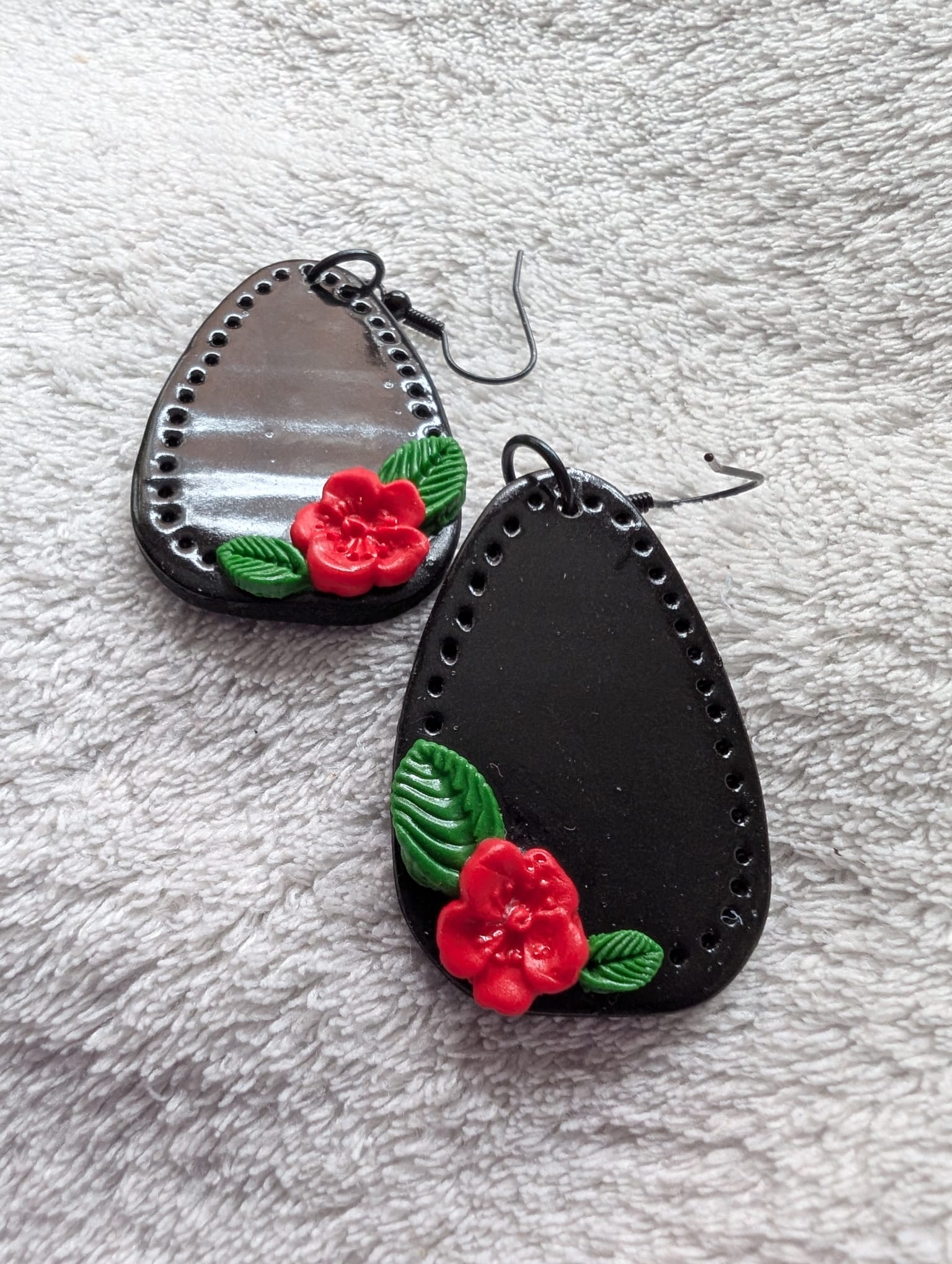 Handcrafted Red Rose Black Earrings French Hook