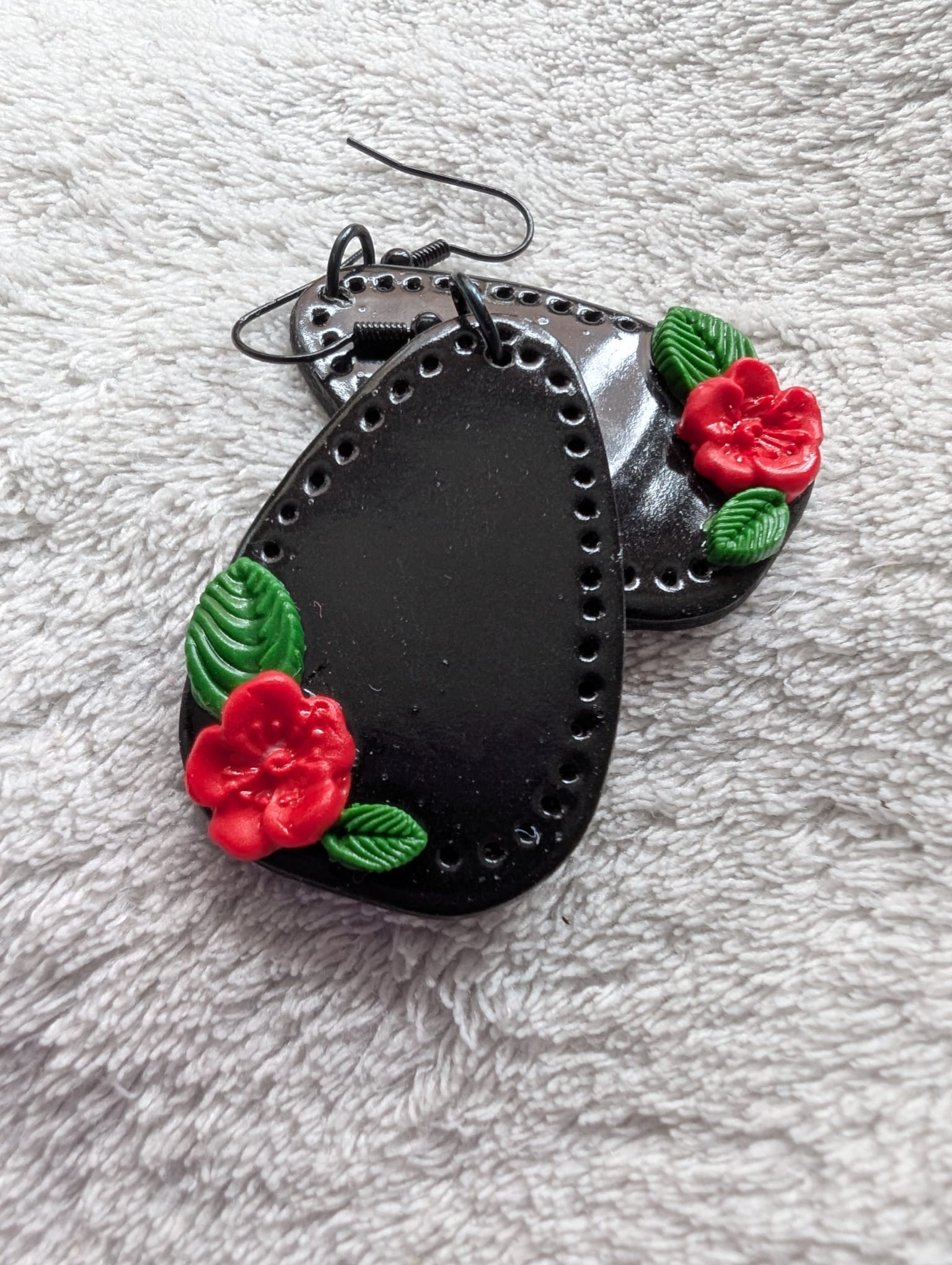 Handcrafted Red Rose Black Earrings French Hook