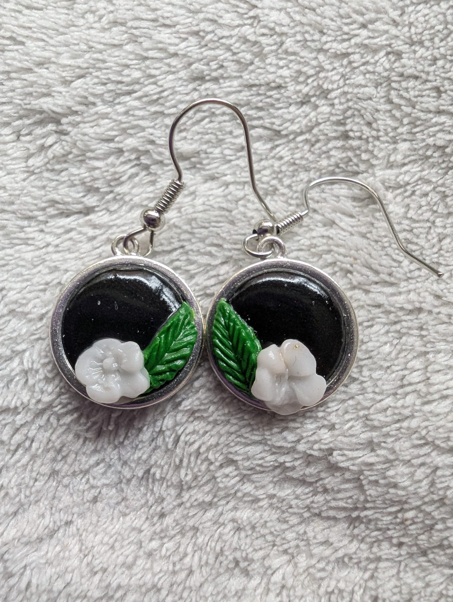 Handcrafted Round Polymer Clay White Floral Earrings