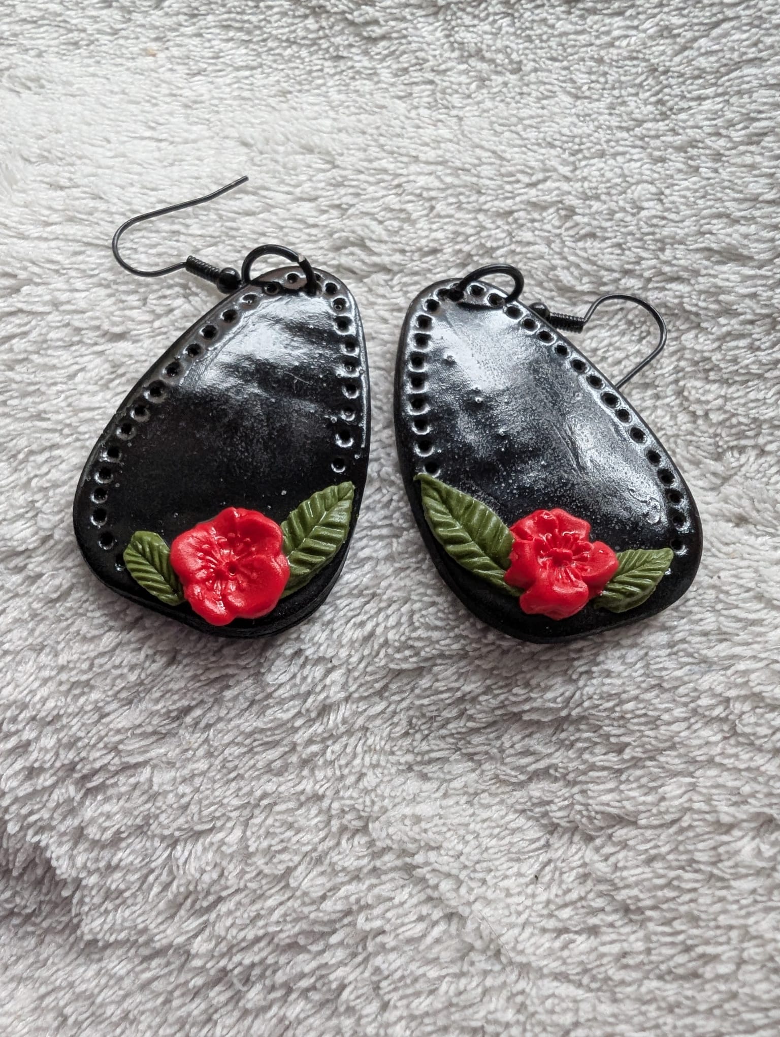 Handcrafted Red Rose Black Earrings French Hook