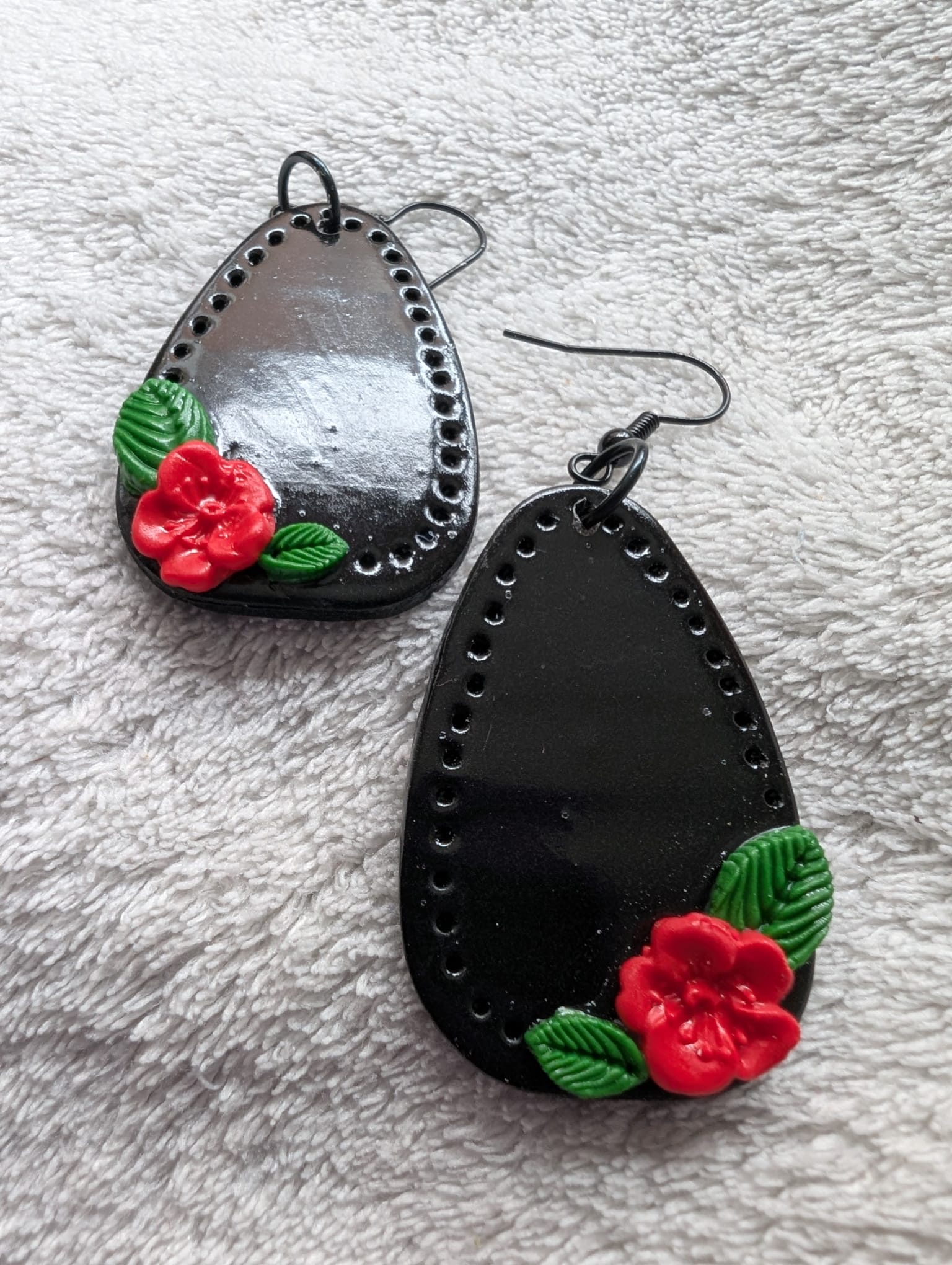 Handcrafted Red Rose Black Earrings French Hook