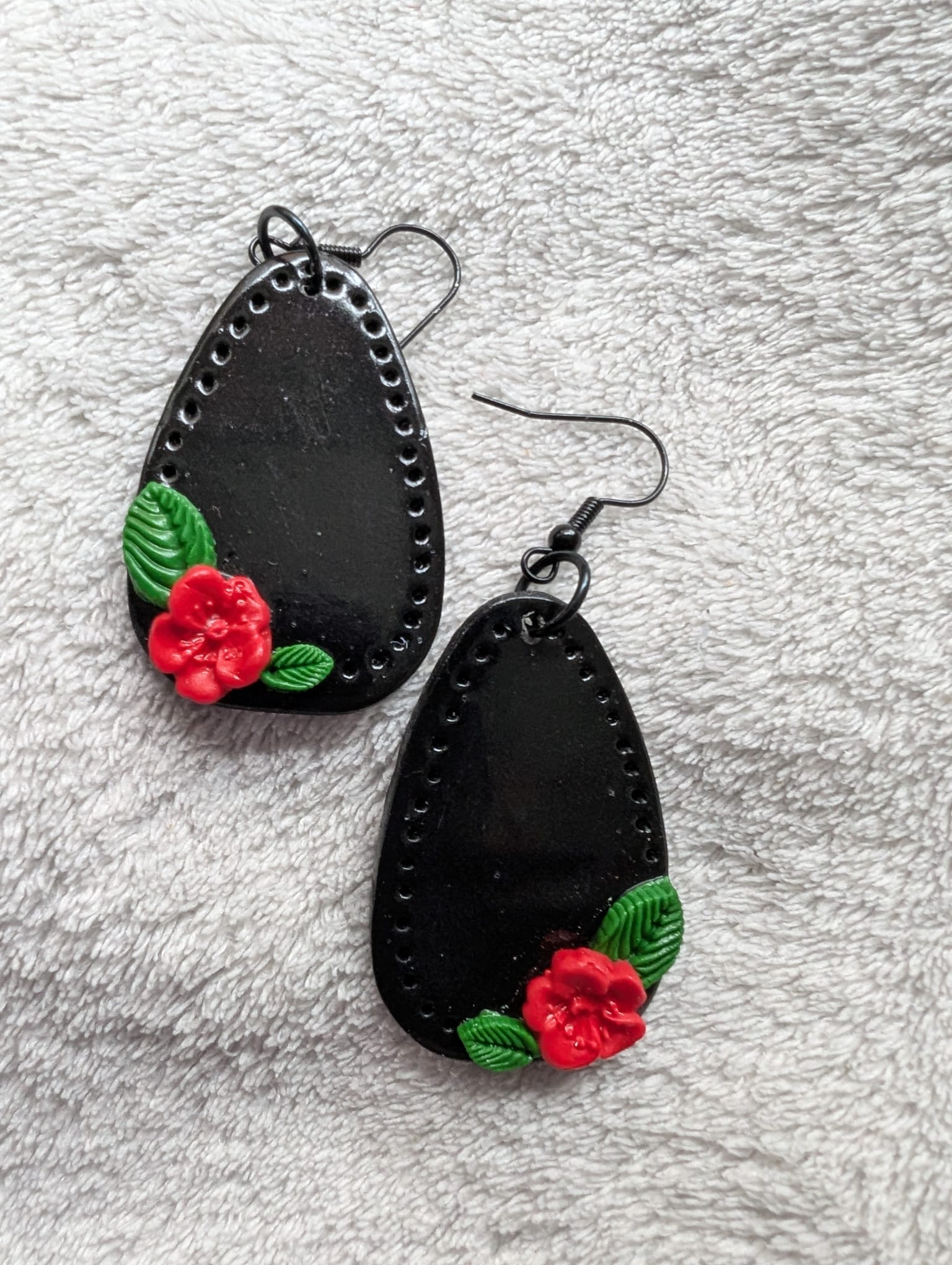 Handcrafted Red Rose Black Earrings French Hook