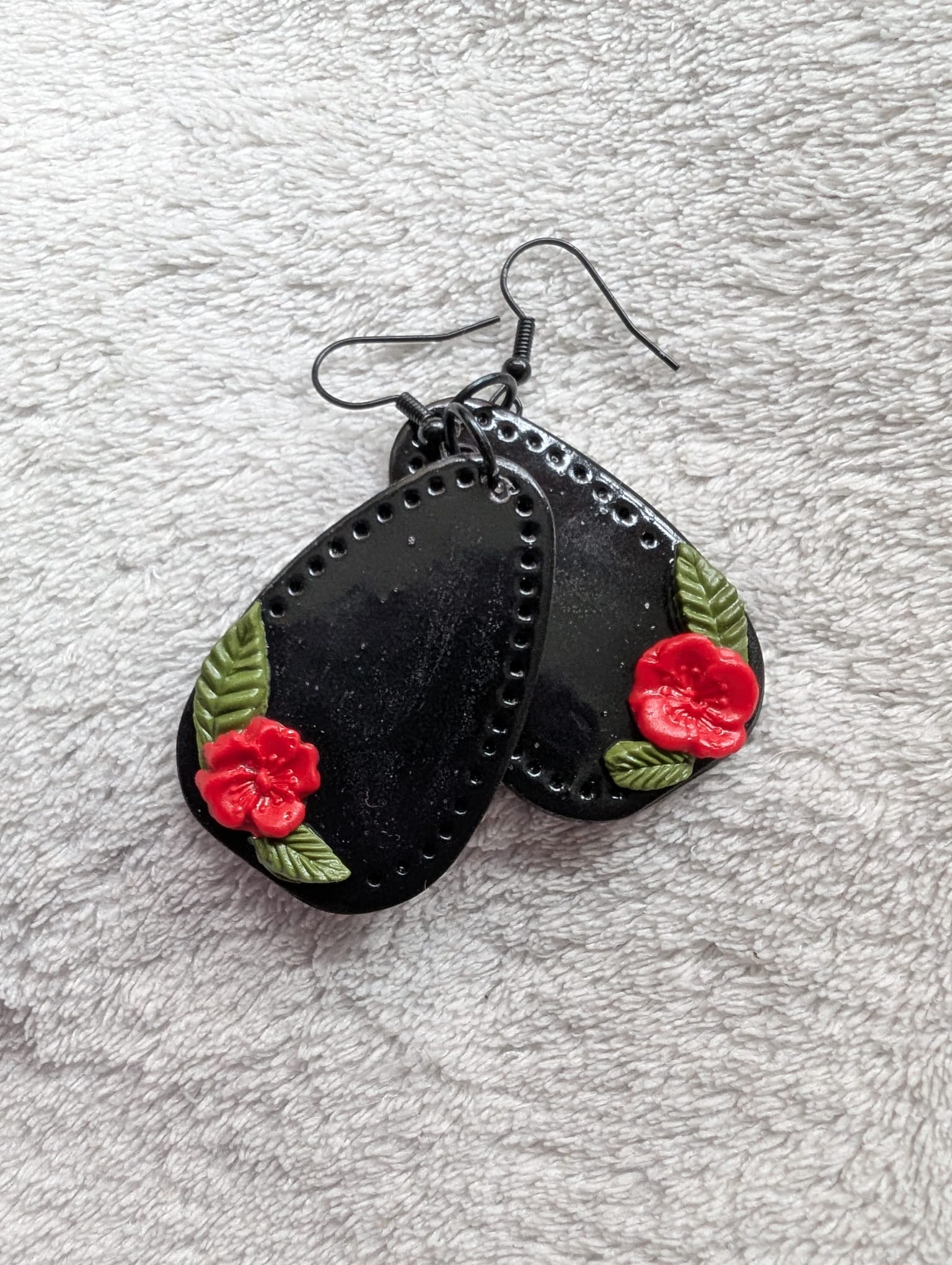 Handcrafted Red Rose Black Earrings French Hook