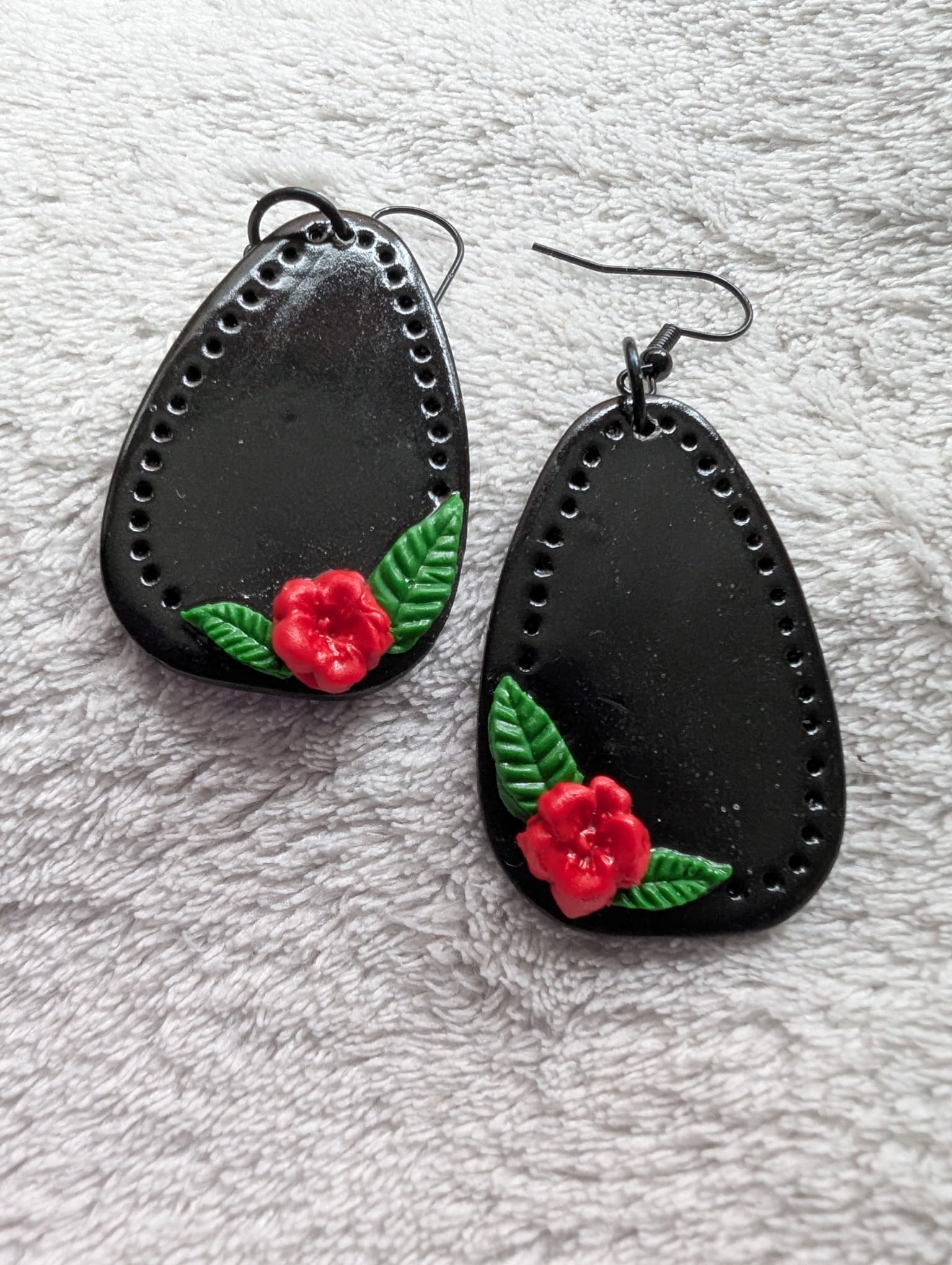 Handcrafted Red Rose Black Earrings French Hook