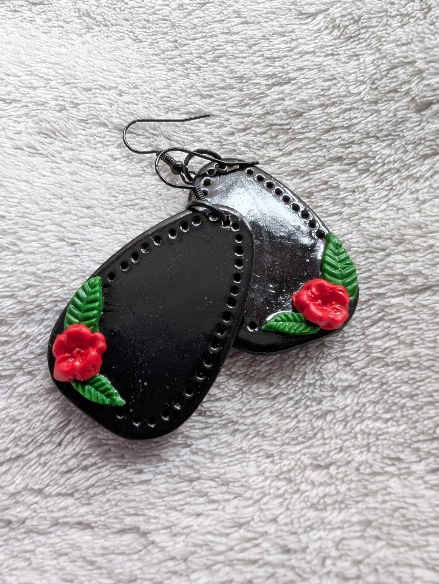 Handcrafted Red Rose Black Earrings French Hook