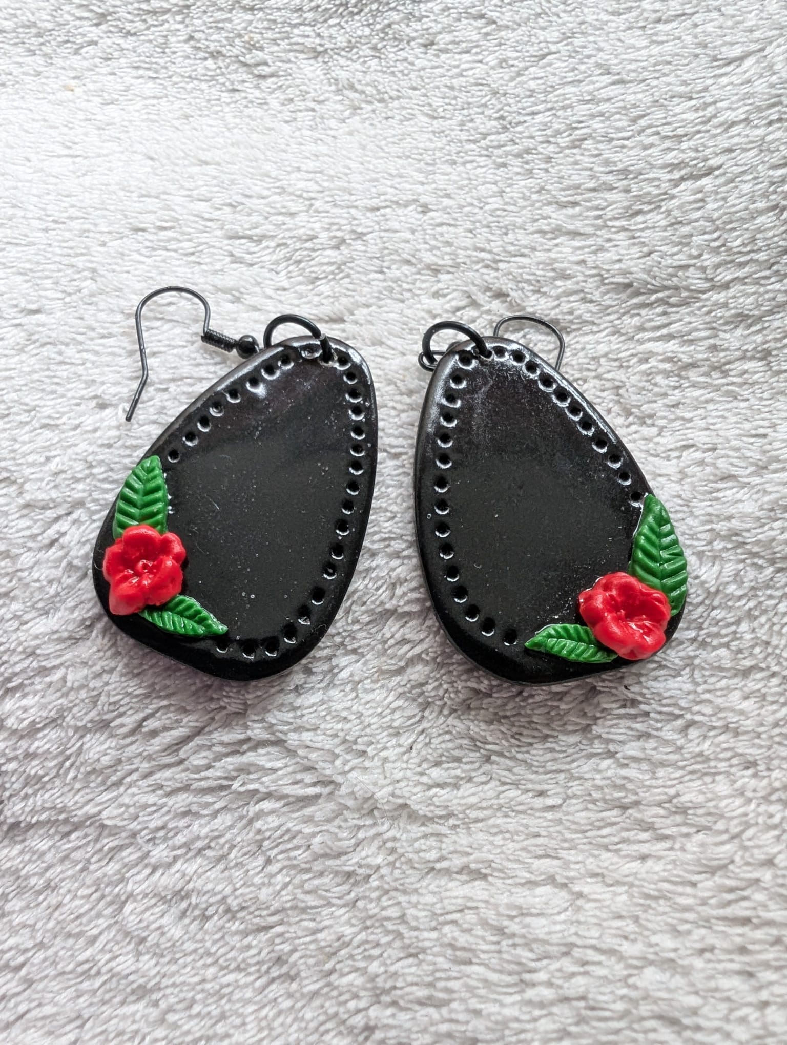 Handcrafted Red Rose Black Earrings French Hook