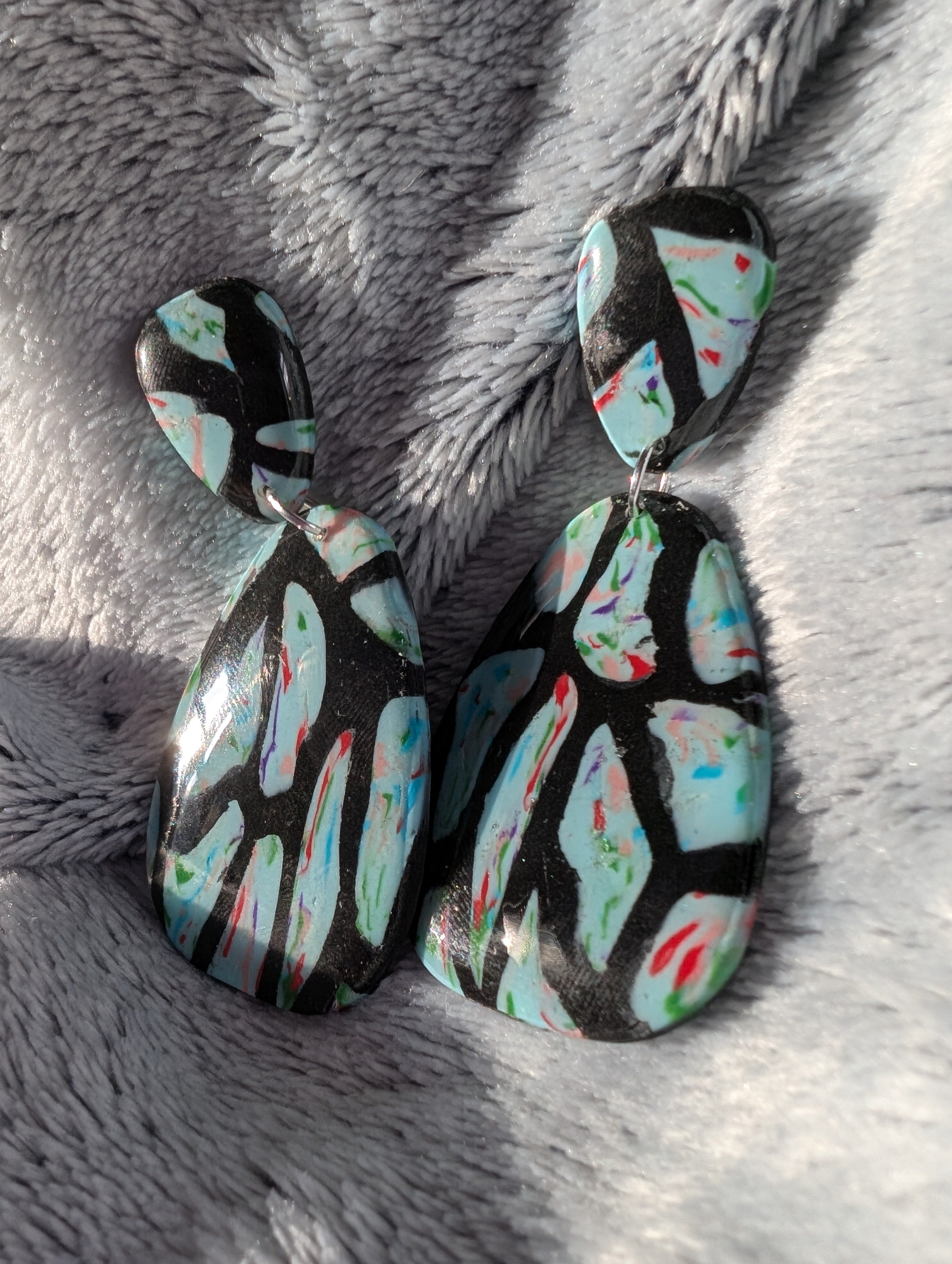 70s Style Stud Earrings - Stained Glass Pattern with Epoxy Resin