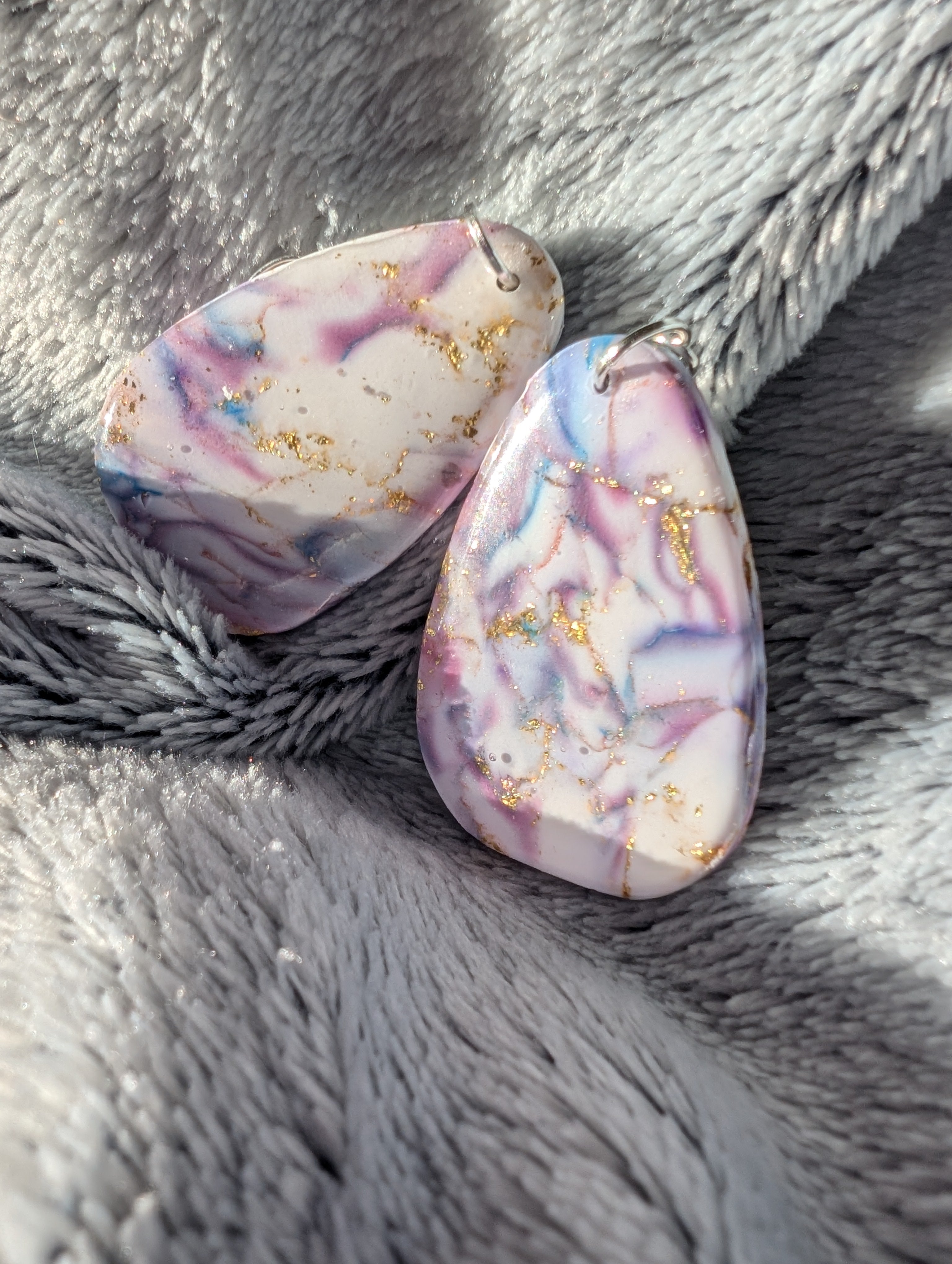 Handmade Marble Effect Earrings with Gold Leaf - Pink Purple White