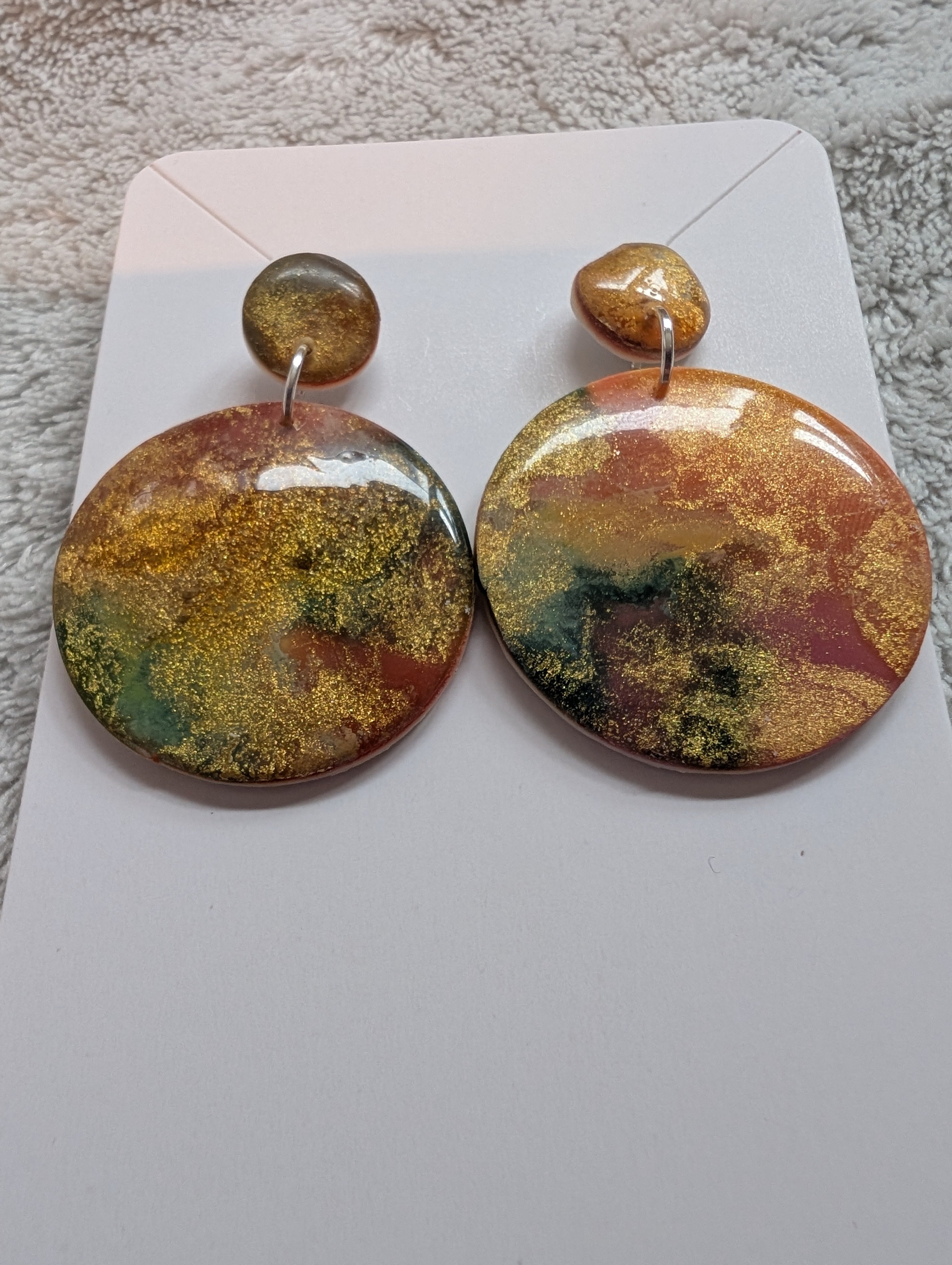 Round Autumn Galaxy Stud Earrings - Polymer Clay & Alcohol Ink