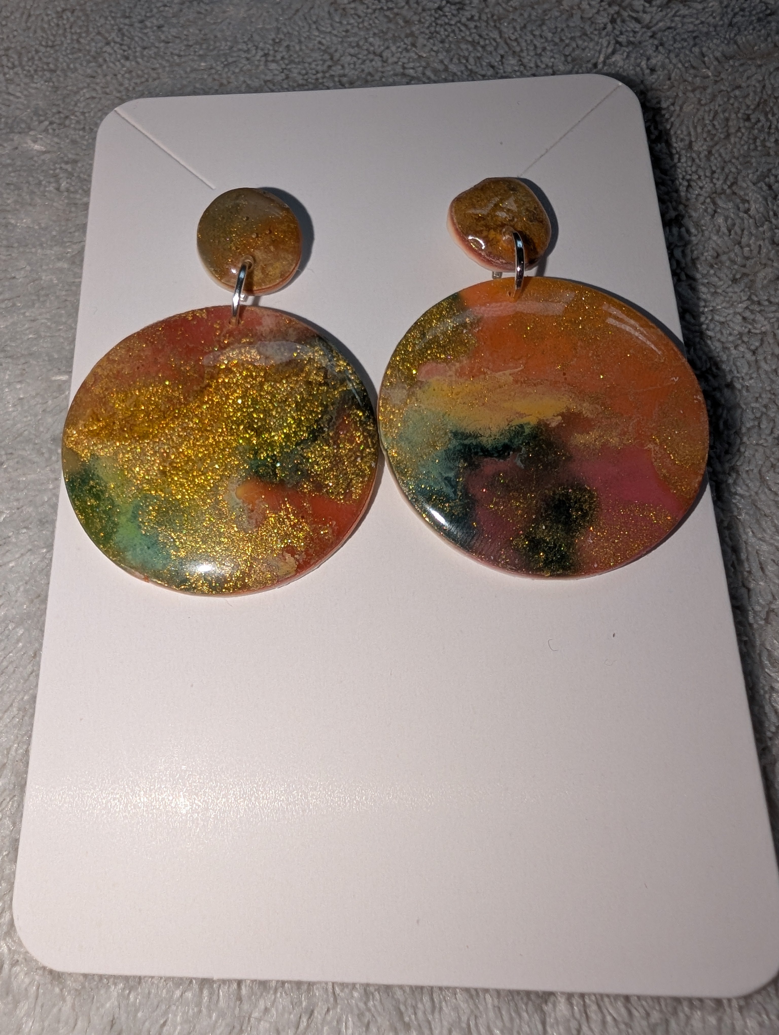 Round Autumn Galaxy Stud Earrings - Polymer Clay & Alcohol Ink
