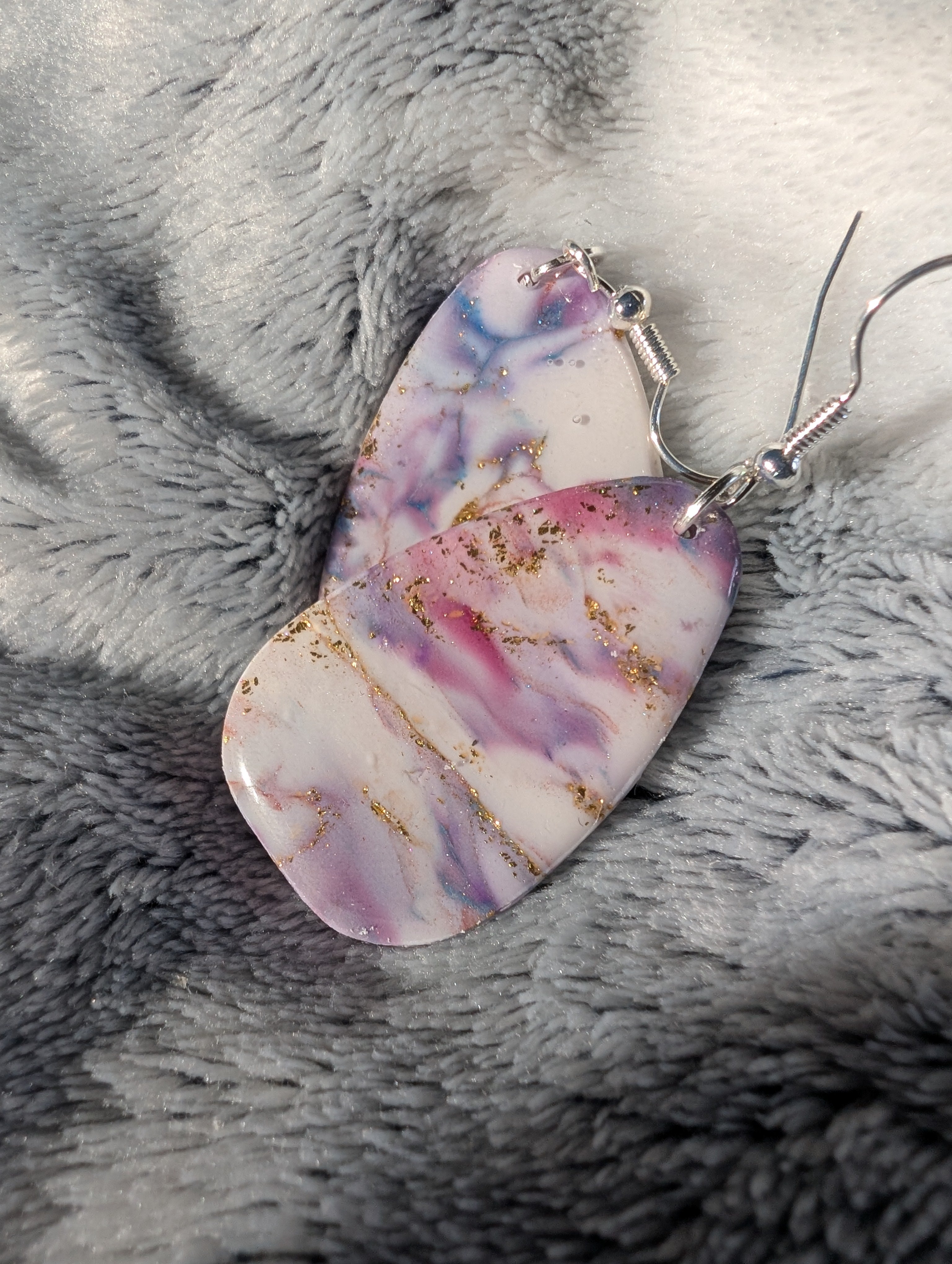 Handmade Marble Effect Earrings with Gold Leaf - Pink Purple White