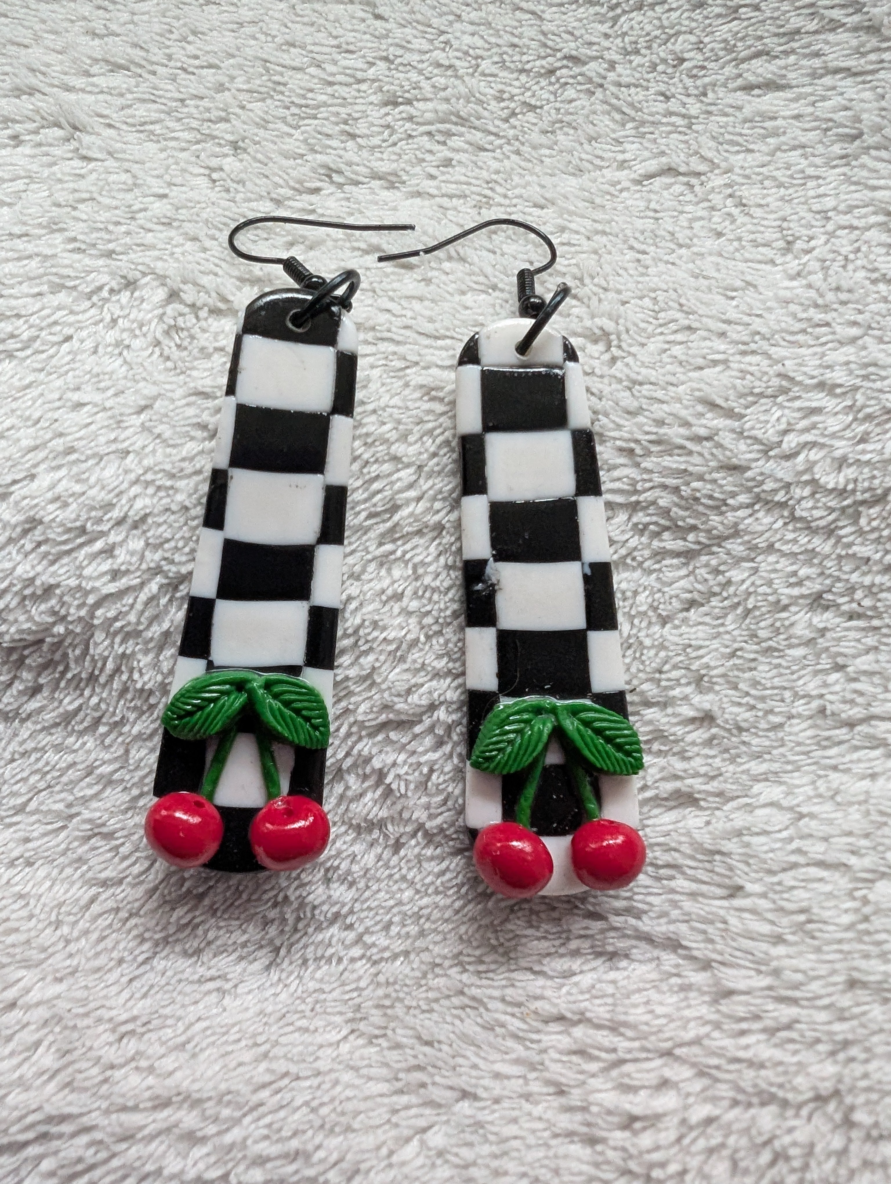 Ska Checkerboard Cherry Earrings - Handcrafted Polymer Clay