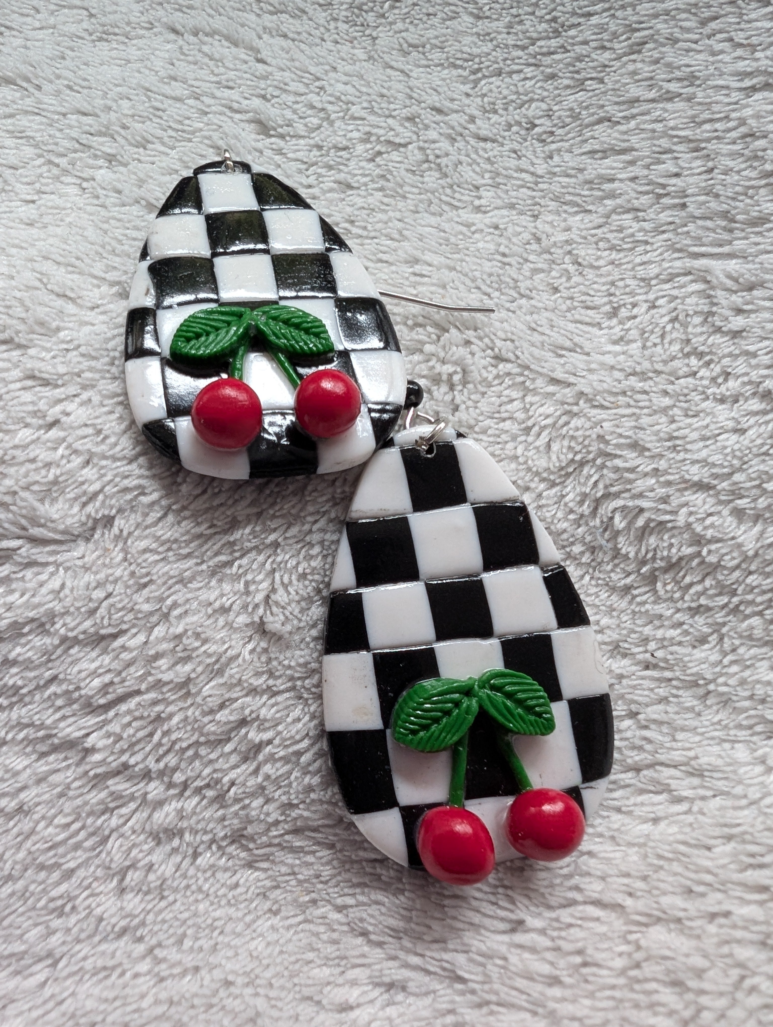 Ska Checkerboard Cherry Earrings - Handcrafted Polymer Clay