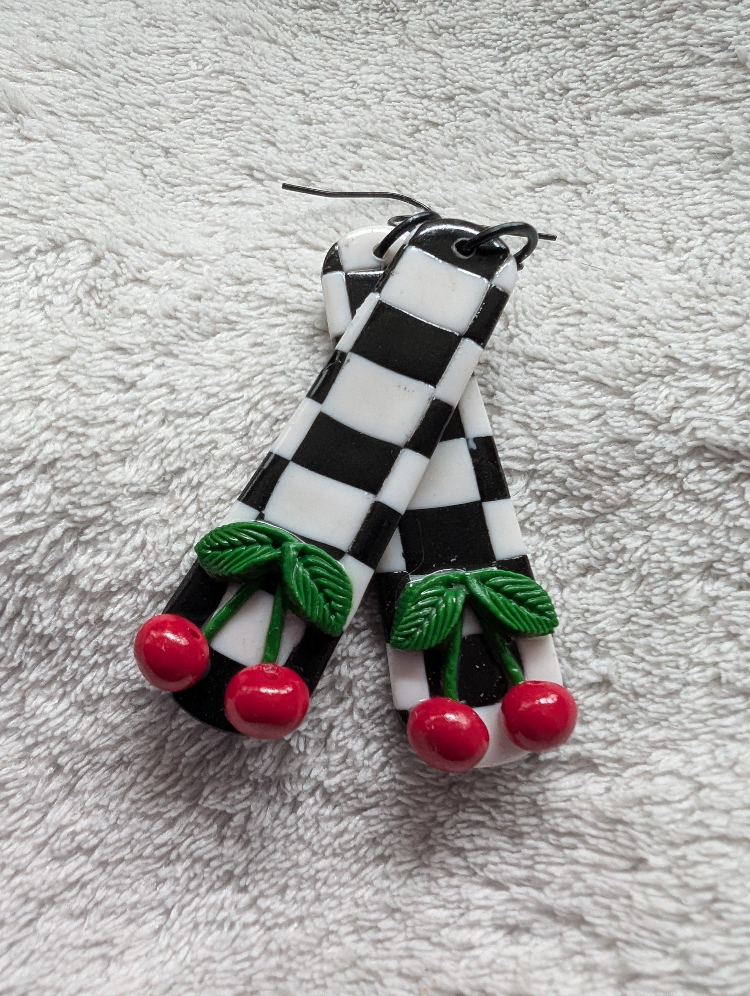 Ska Checkerboard Cherry Earrings - Handcrafted Polymer Clay