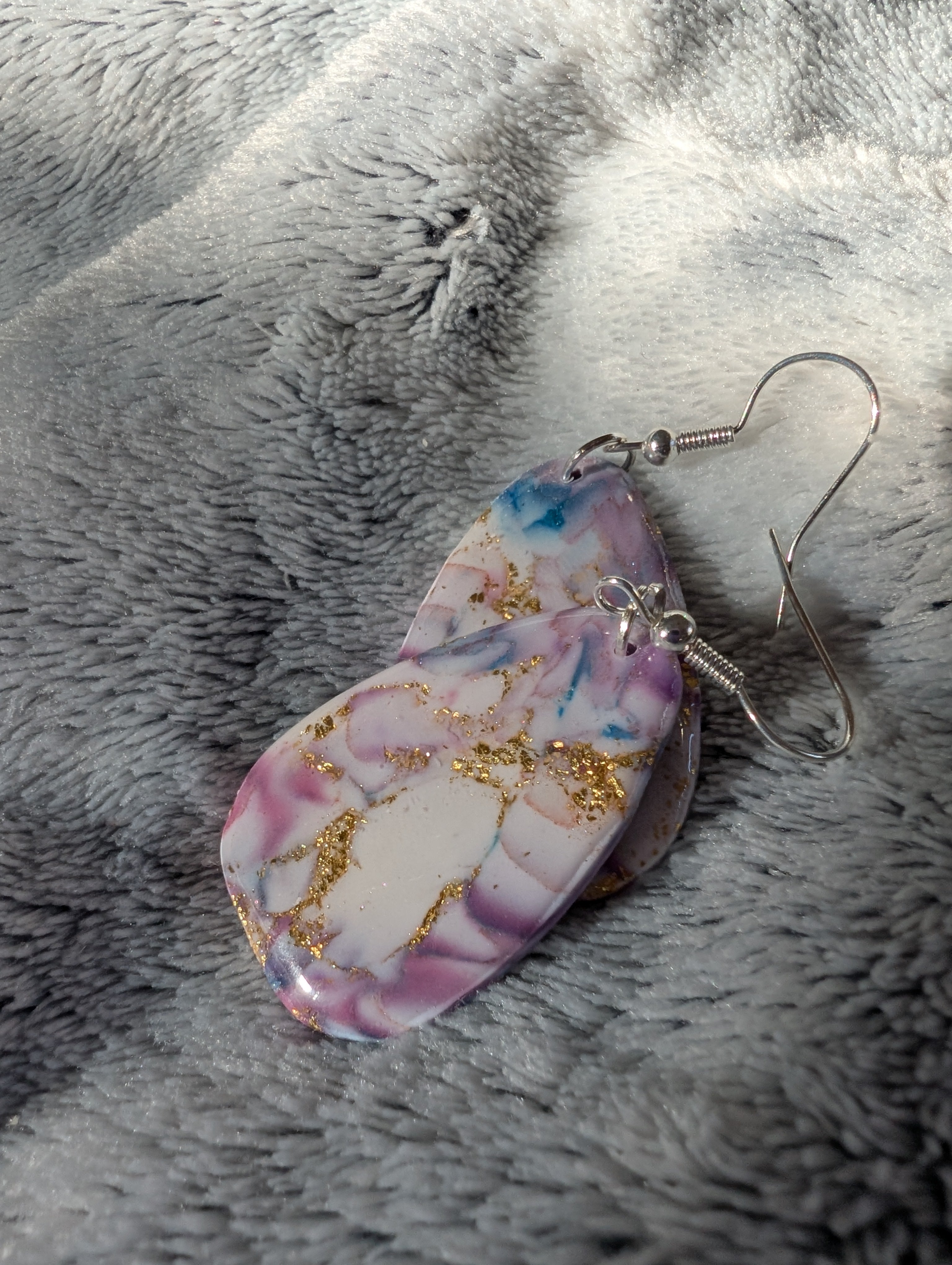 Handmade Marble Effect Earrings with Gold Leaf - Pink Purple White