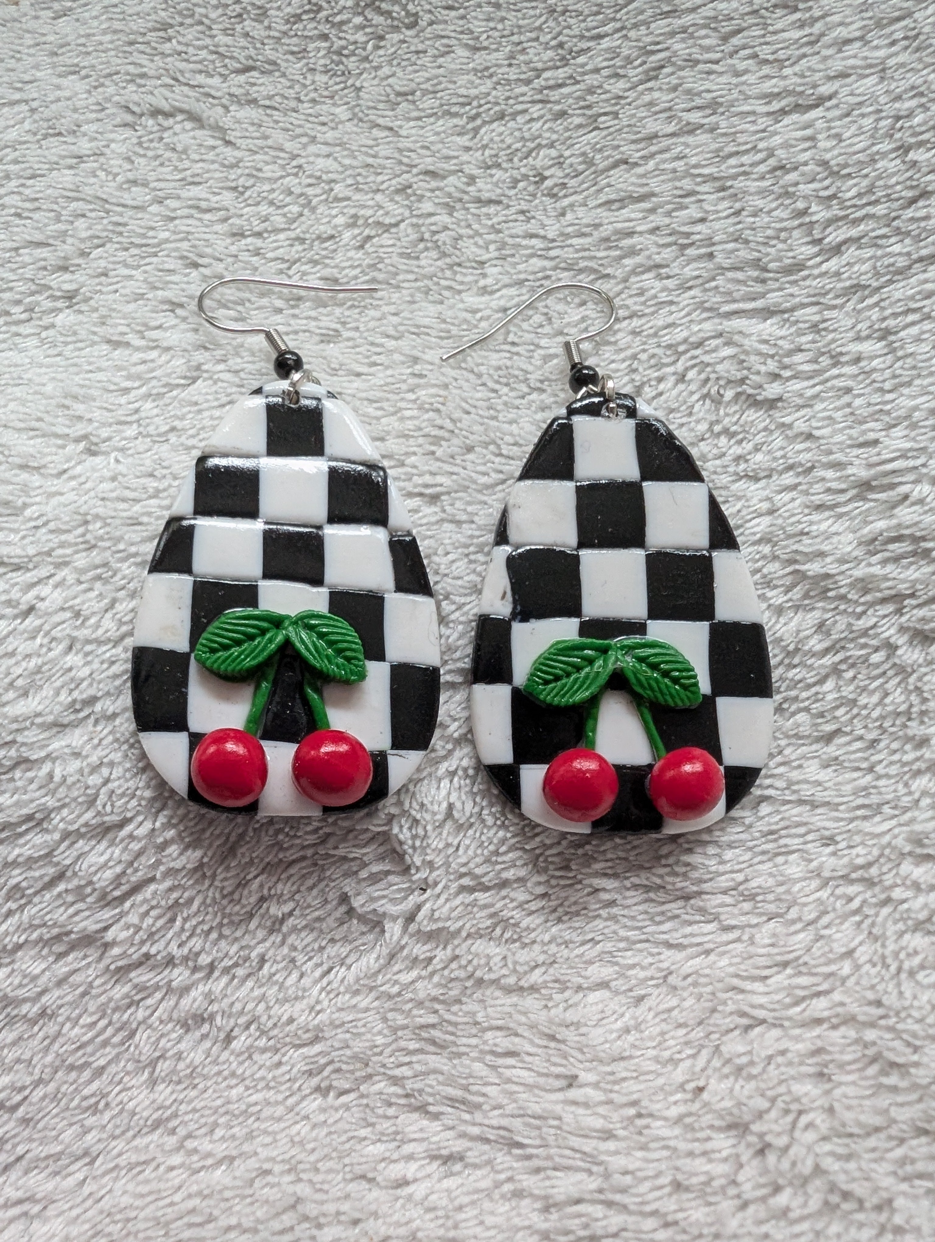 Ska Checkerboard Cherry Earrings - Handcrafted Polymer Clay