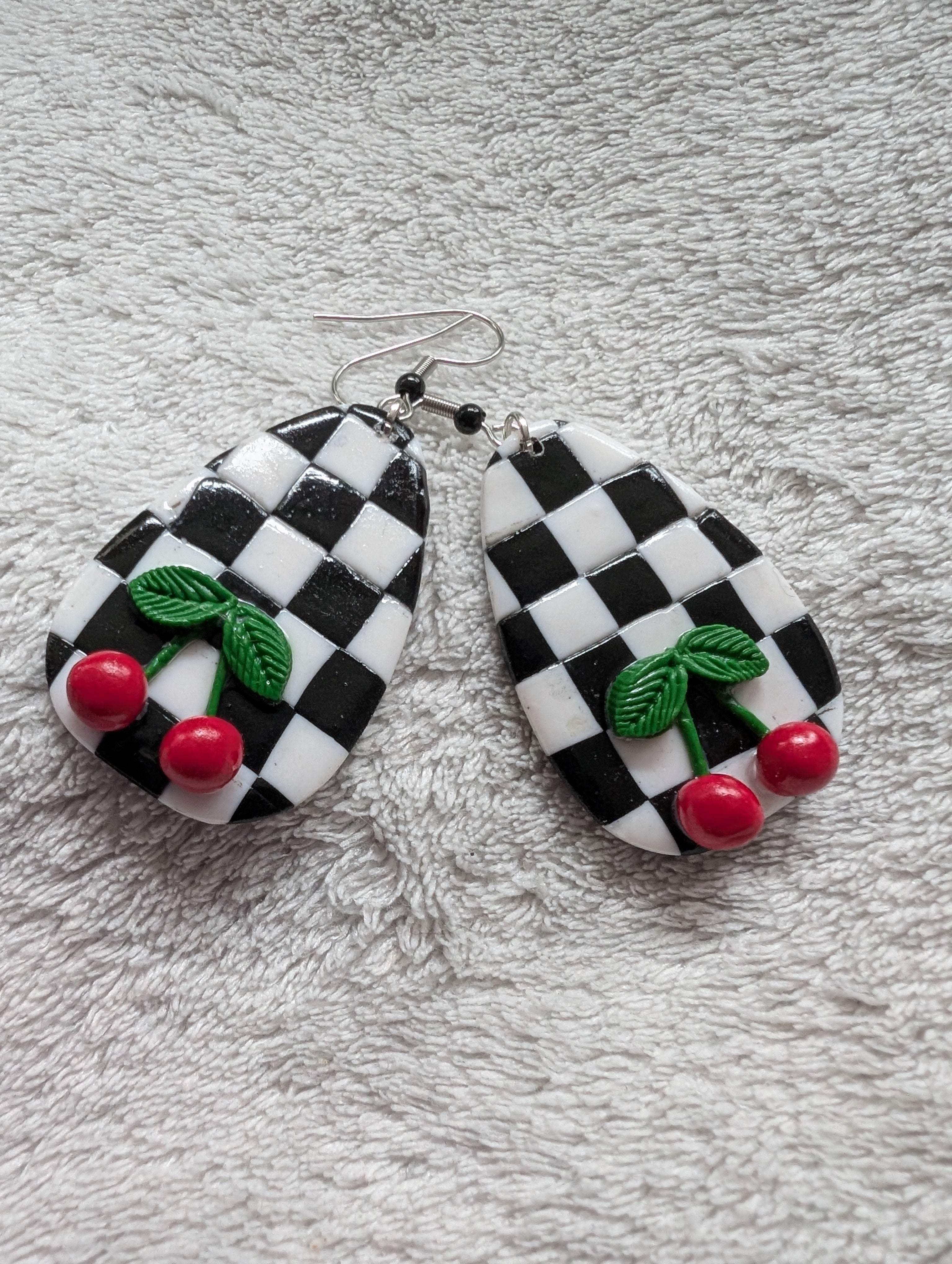 Ska Checkerboard Cherry Earrings - Handcrafted Polymer Clay