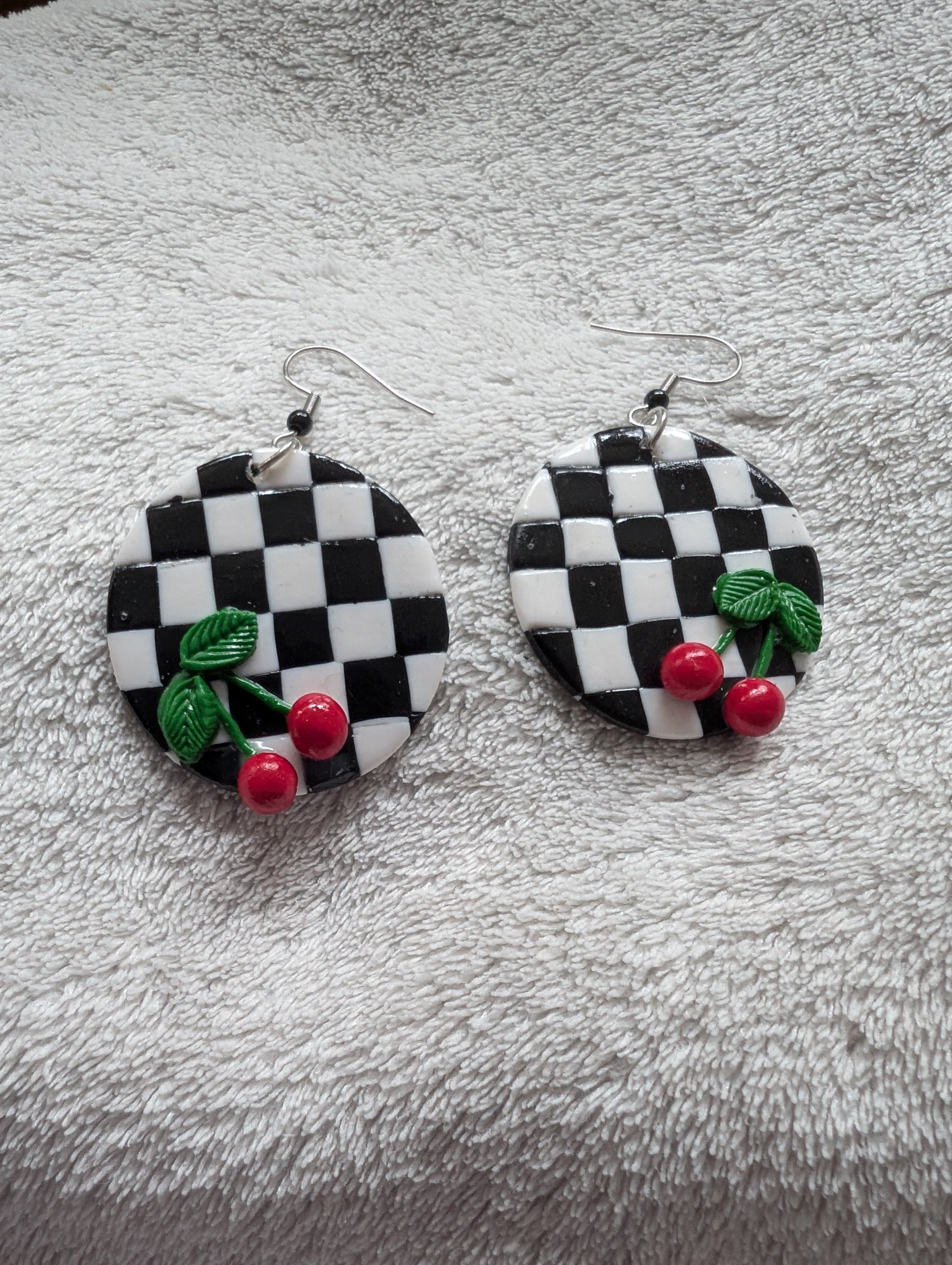 Ska Checkerboard Cherry Earrings - Handcrafted Polymer Clay