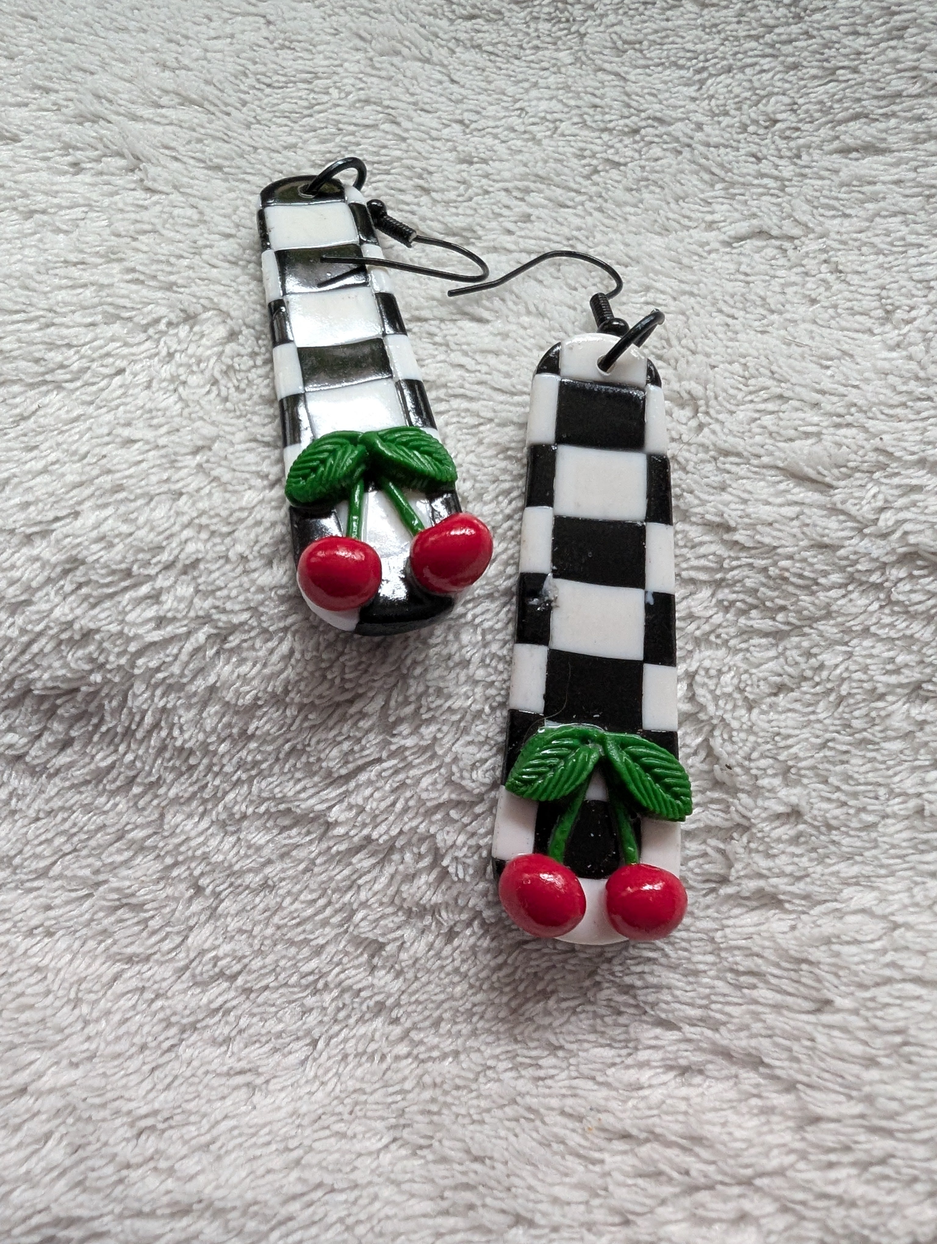 Ska Checkerboard Cherry Earrings - Handcrafted Polymer Clay
