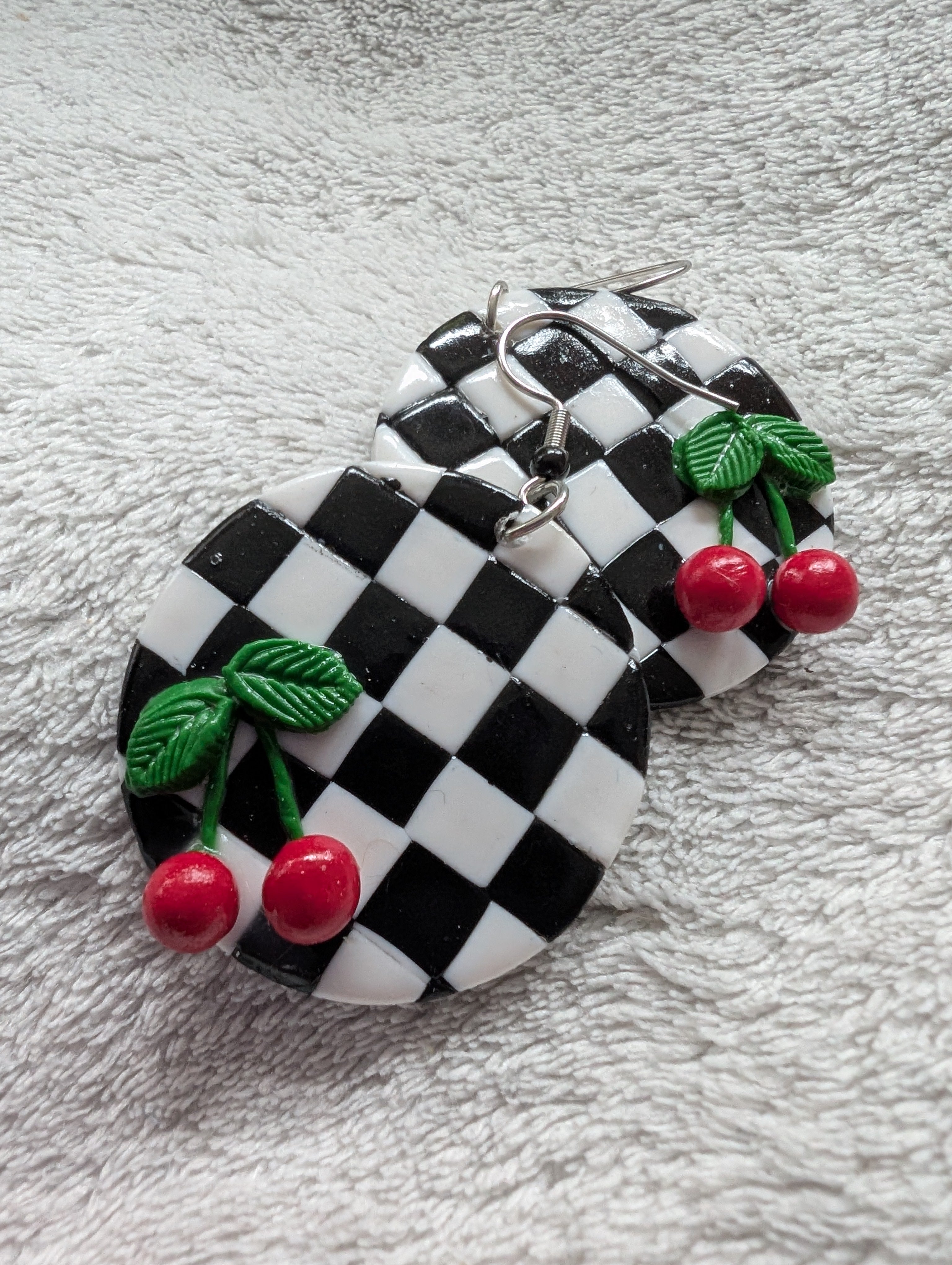 Ska Checkerboard Cherry Earrings - Handcrafted Polymer Clay