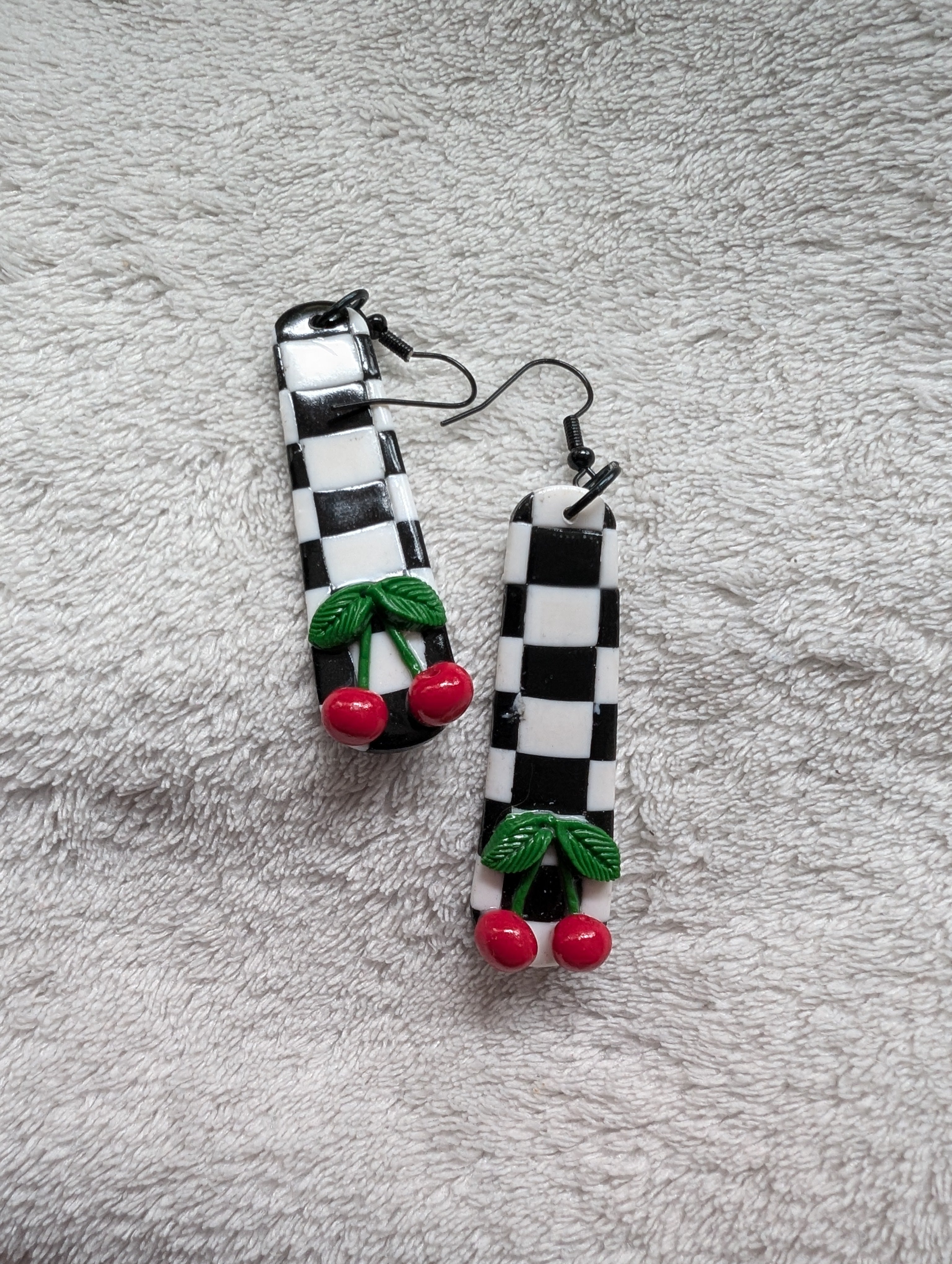 Ska Checkerboard Cherry Earrings - Handcrafted Polymer Clay