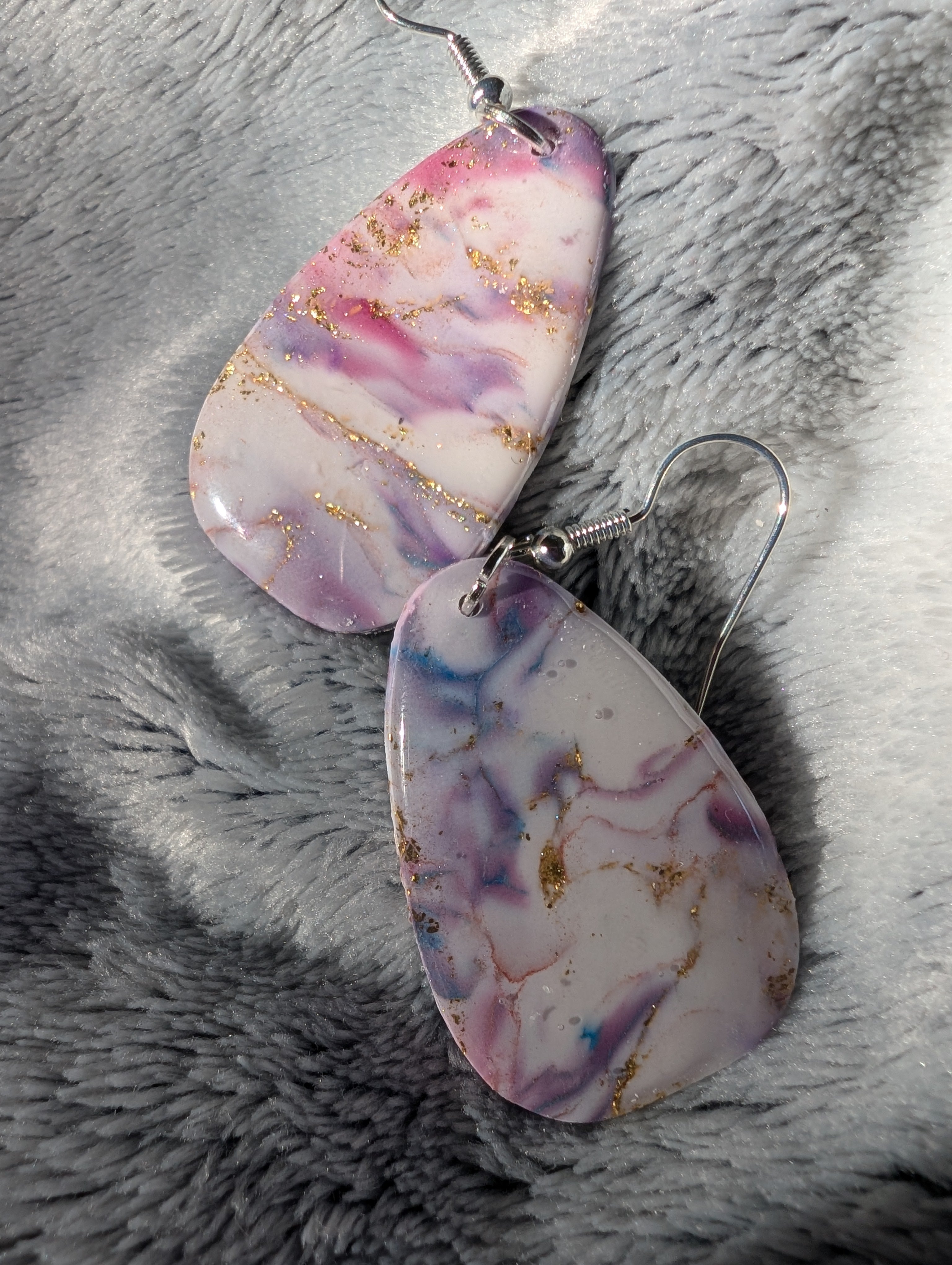 Handmade Marble Effect Earrings with Gold Leaf - Pink Purple White