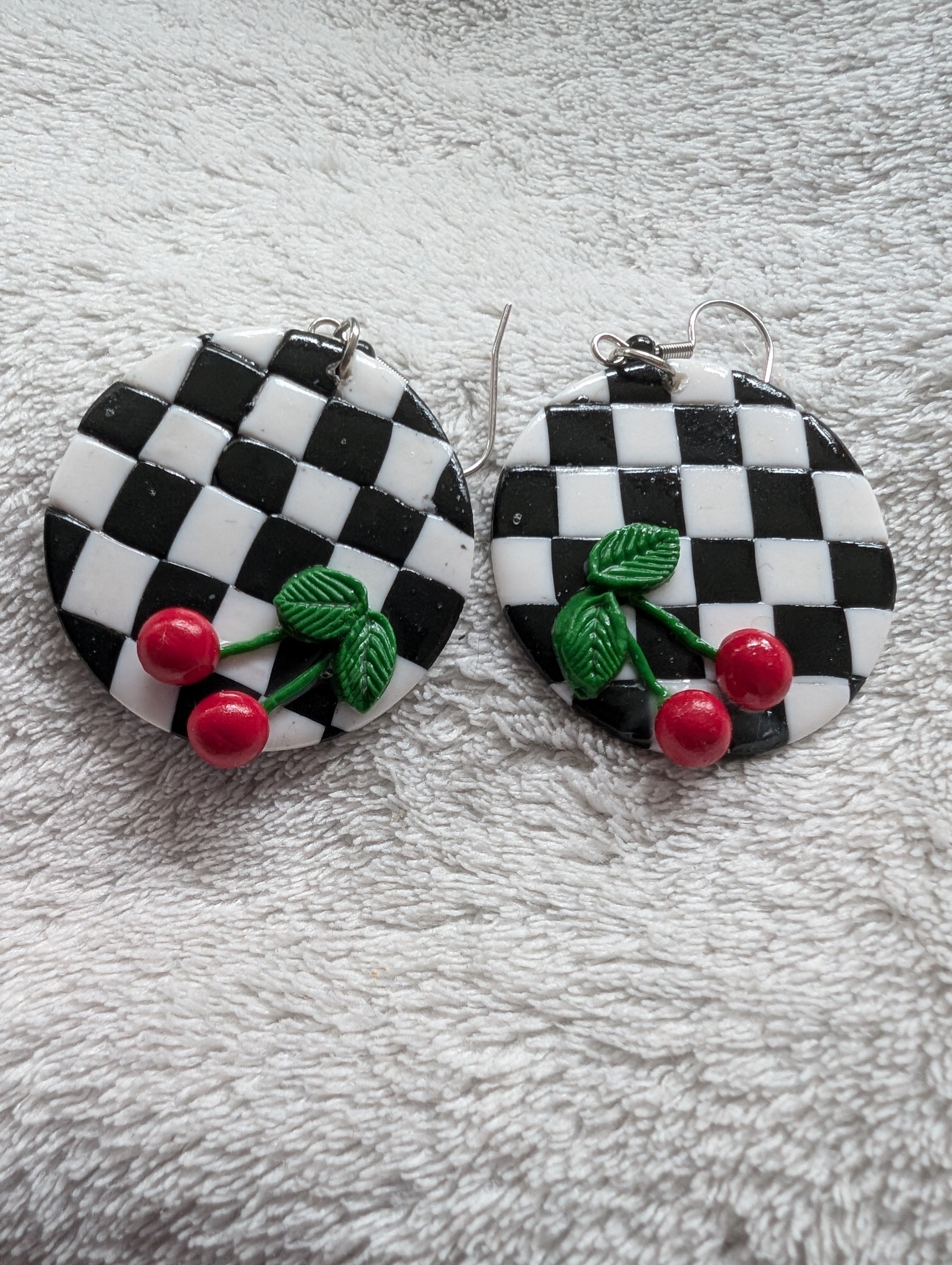 Ska Checkerboard Cherry Earrings - Handcrafted Polymer Clay