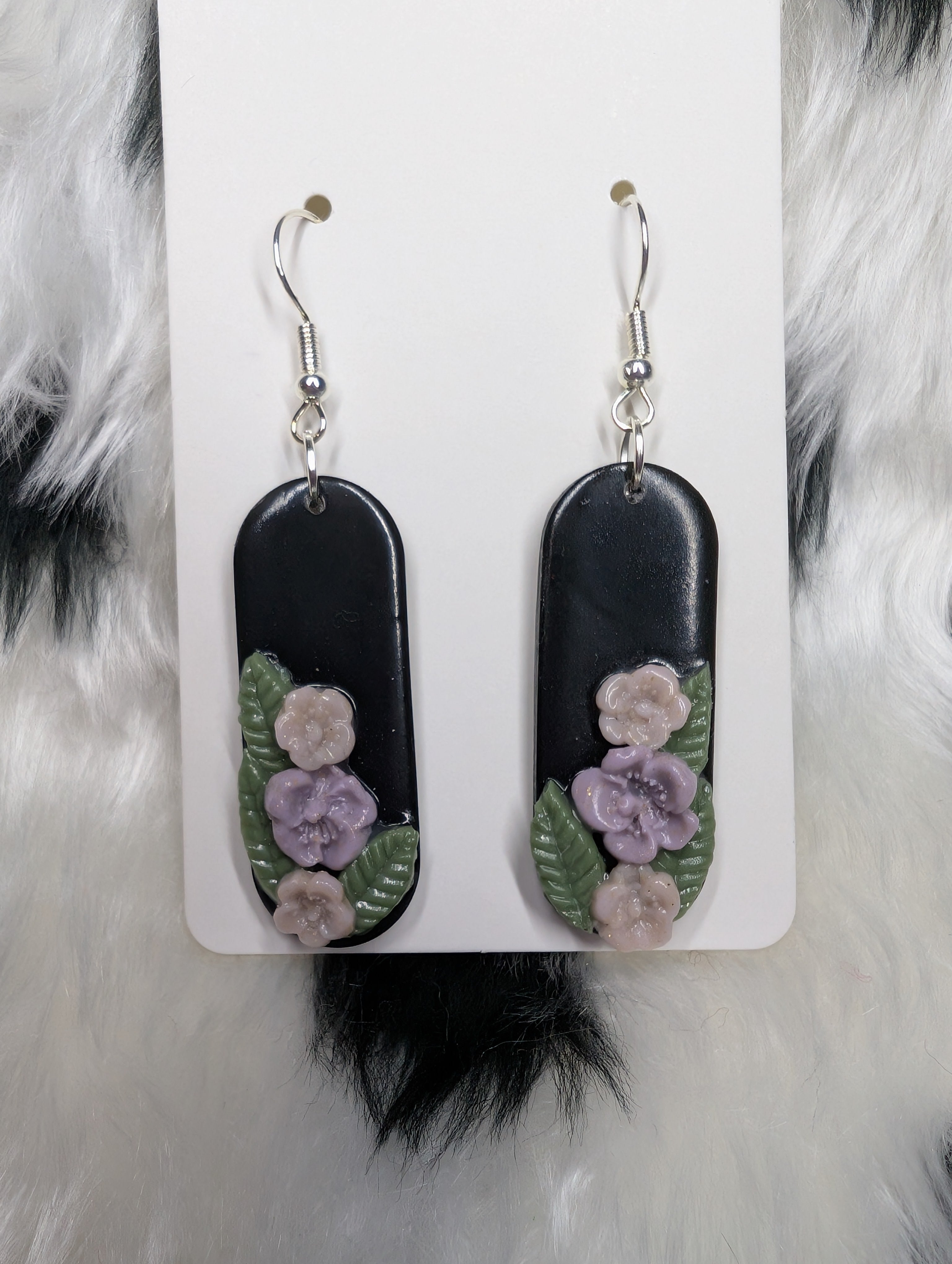 Black Floral Polymer Clay Earrings - Handcrafted Sculpted Design