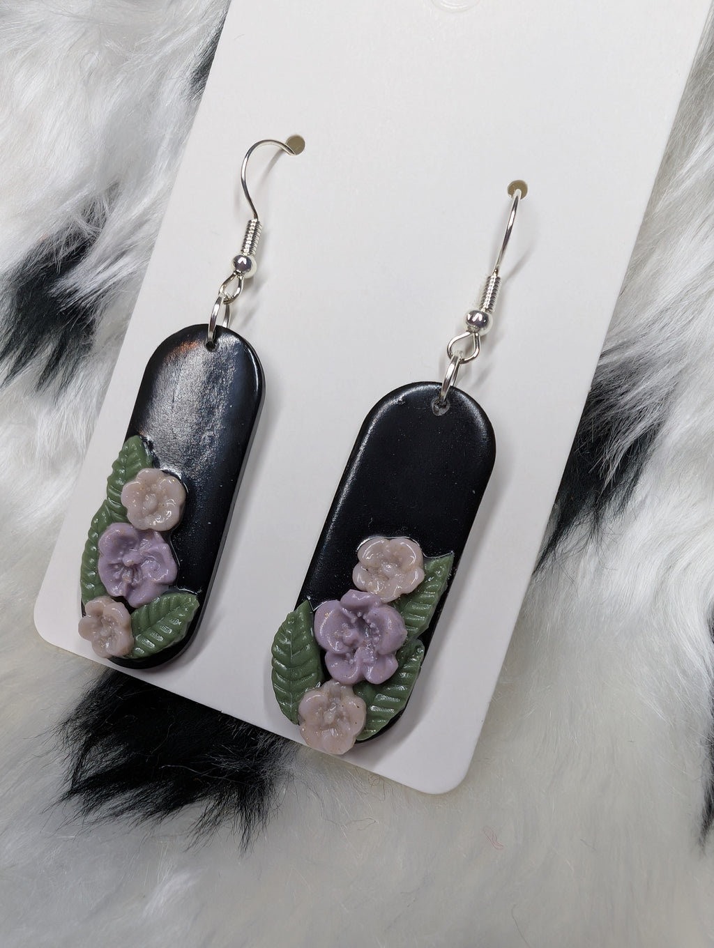 Black Floral Polymer Clay Earrings - Handcrafted Sculpted Design