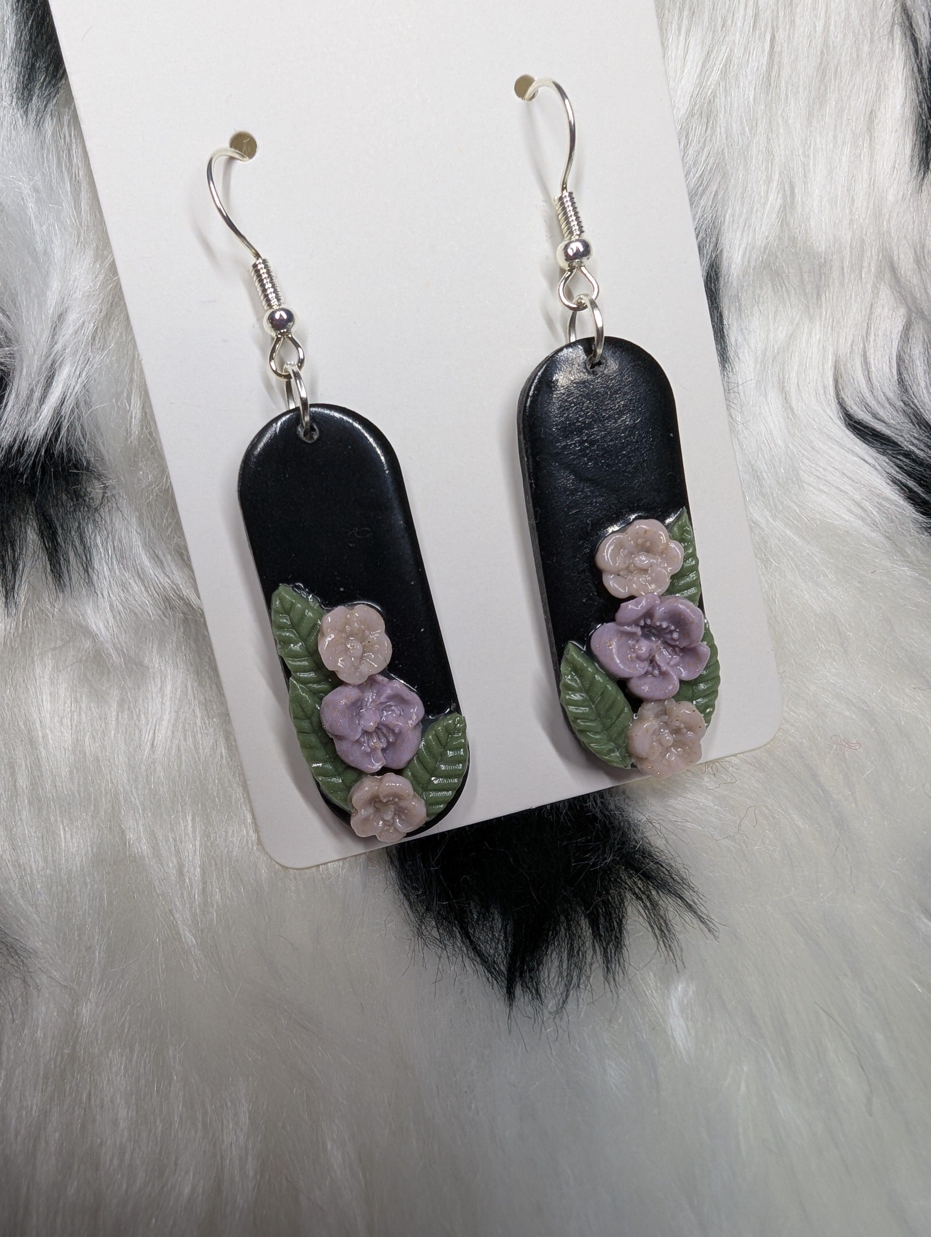 Black Floral Polymer Clay Earrings - Handcrafted Sculpted Design