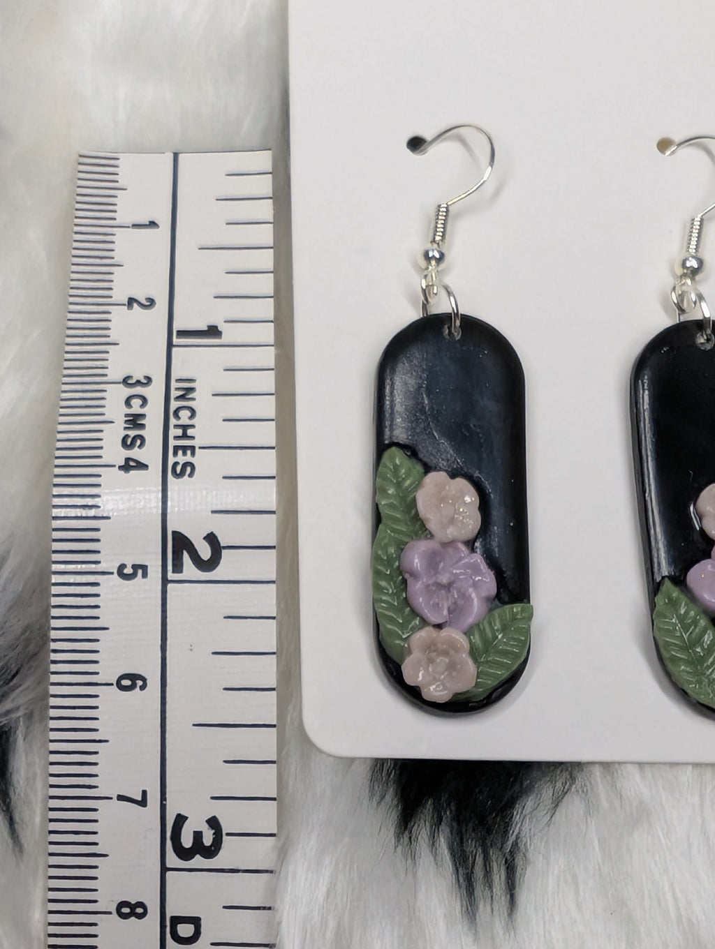 Black Floral Polymer Clay Earrings - Handcrafted Sculpted Design