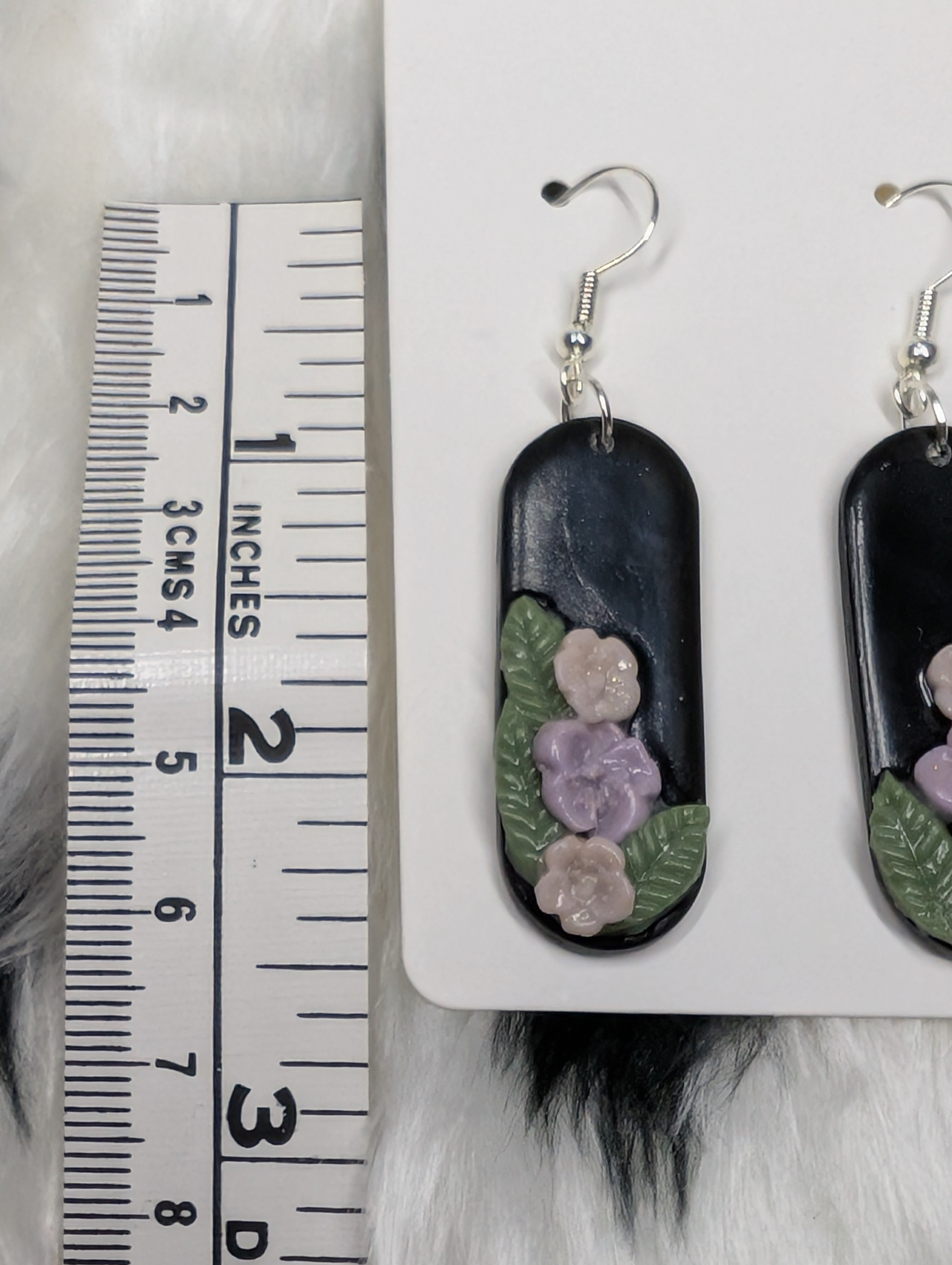 Black Floral Polymer Clay Earrings - Handcrafted Sculpted Design