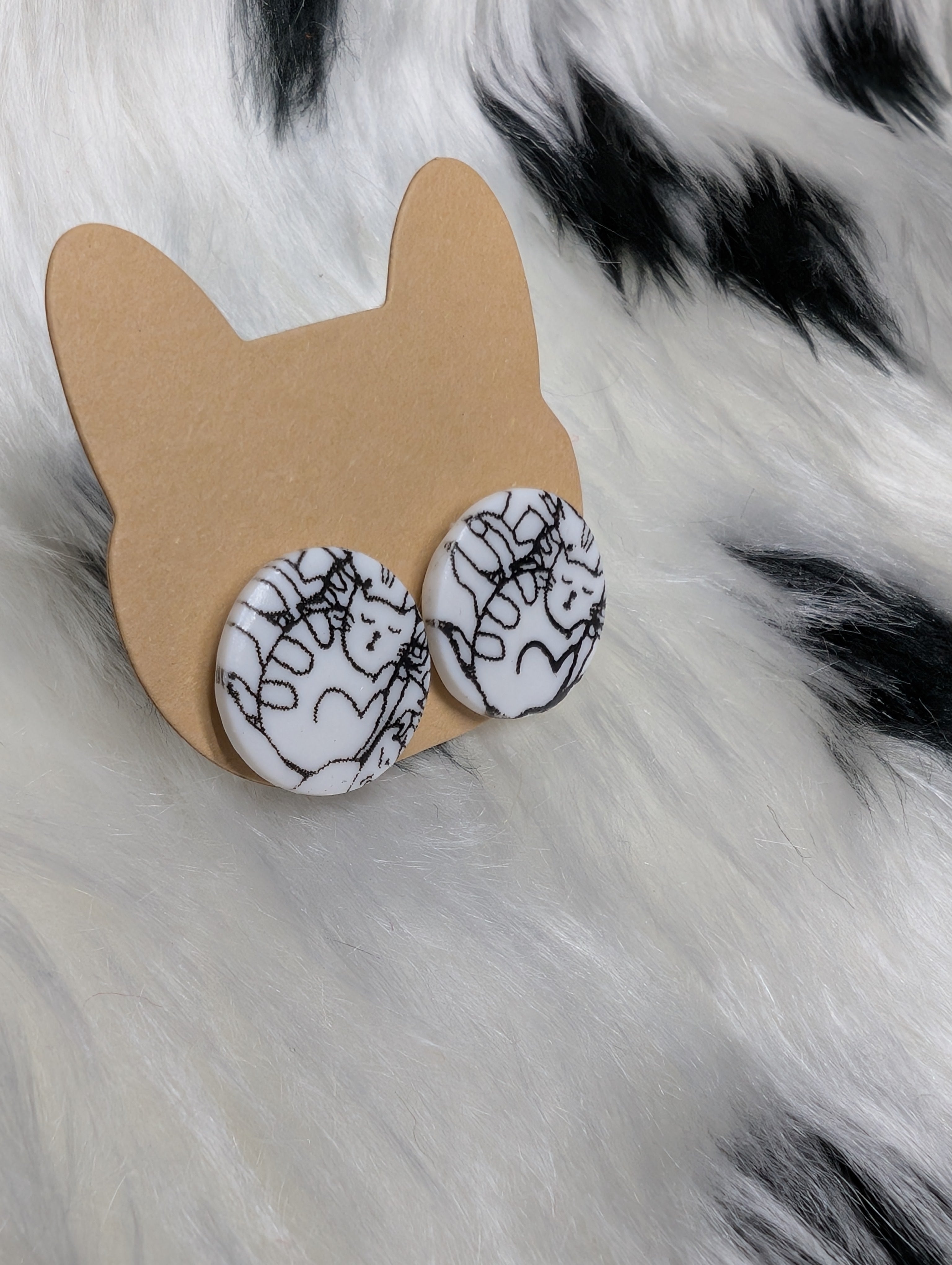Cat Print Polymer Clay Round Stud Earrings