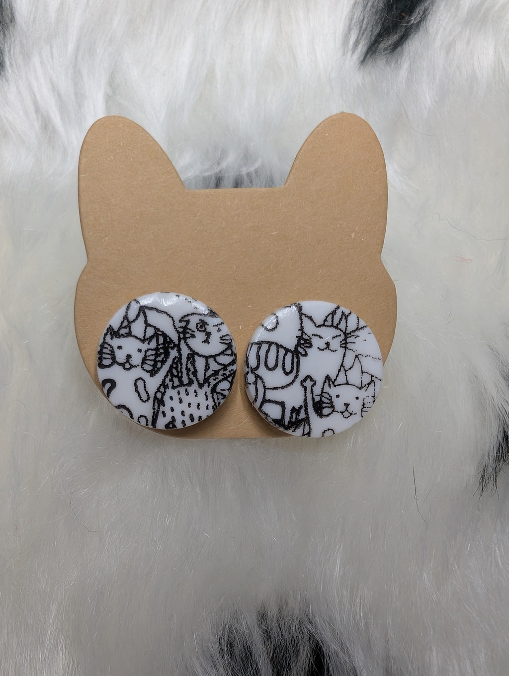 Cat Print Polymer Clay Round Stud Earrings