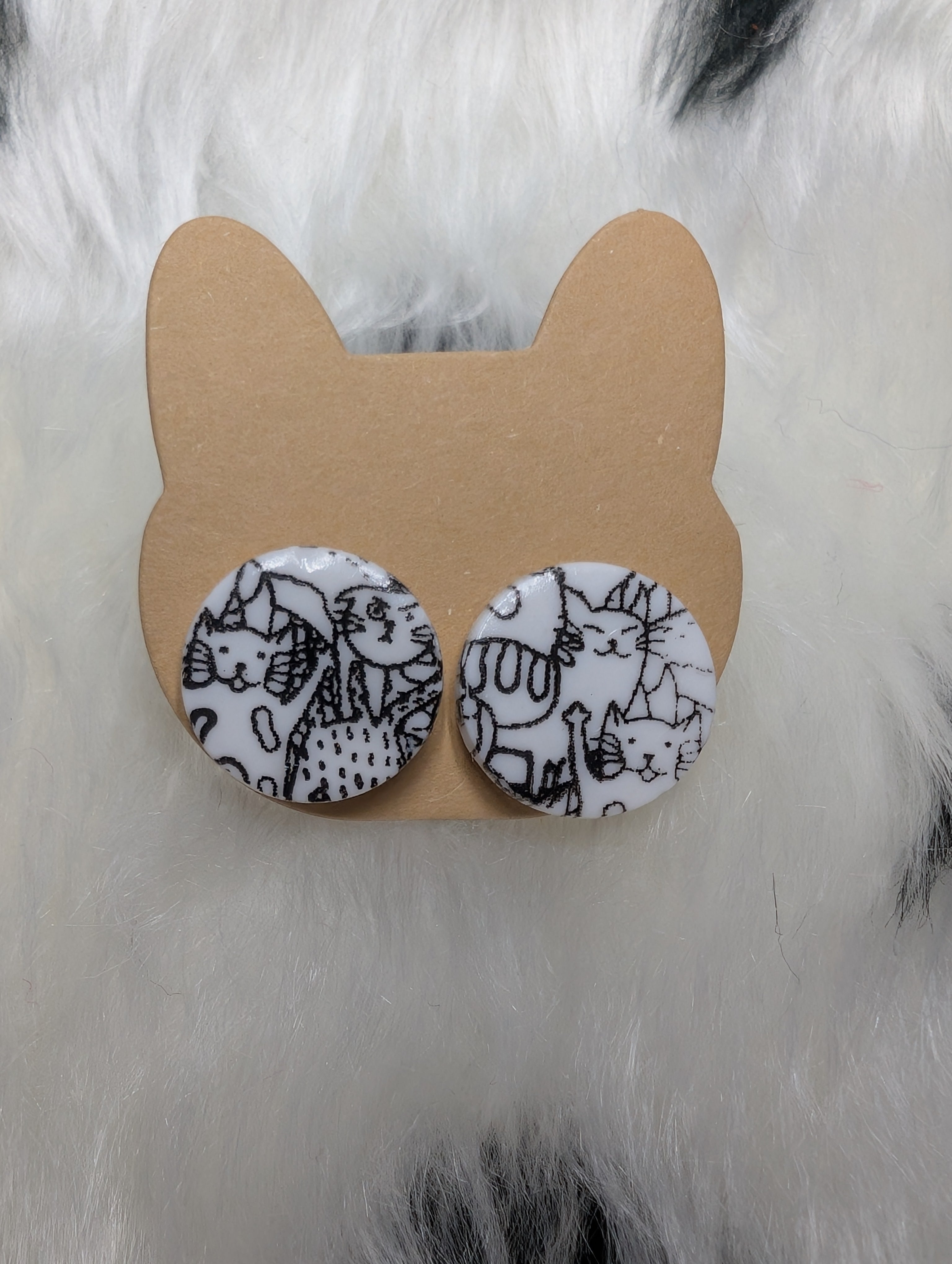 Cat Print Polymer Clay Round Stud Earrings