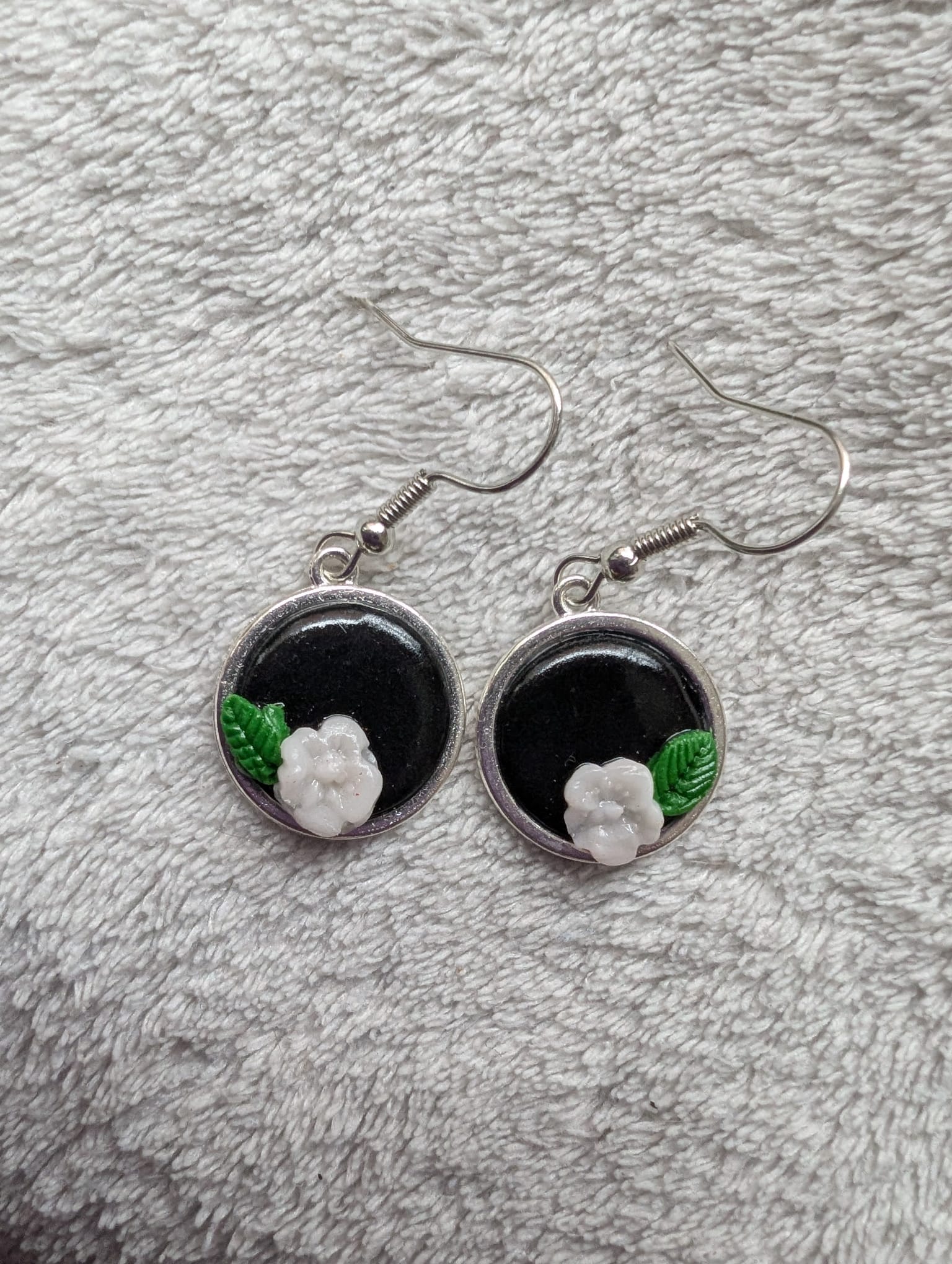 Handcrafted Round Polymer Clay White Floral Earrings